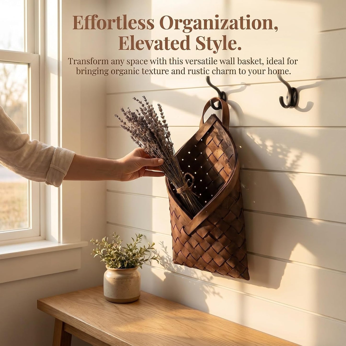 Rustic Wood Woven Hanging Basket In Wall Storage Organizer for Flowers Kitchen / 12.20 x 6.69 x 2.55