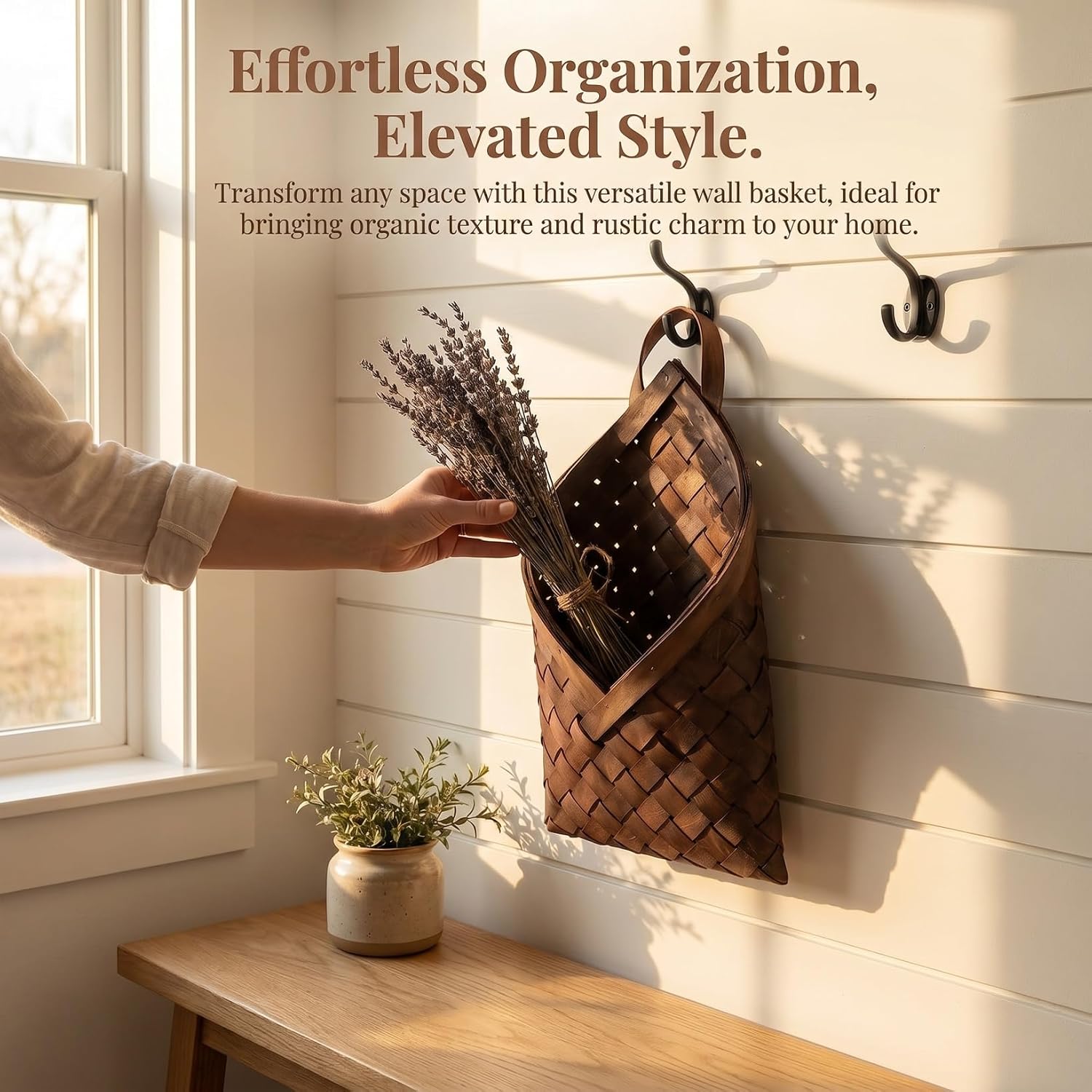 Rustic Wood Woven Hanging Basket In Wall Storage Organizer for Flowers Kitchen / 12.20 x 6.69 x 2.55