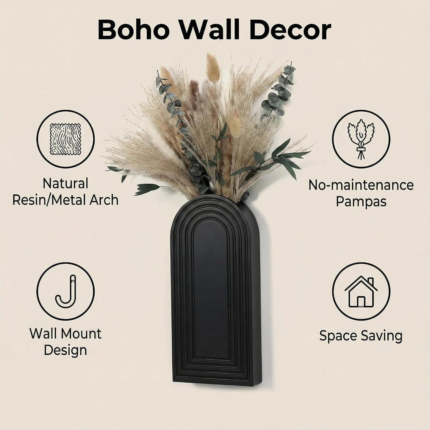 Wooden Wall Vases / Black+dried Flowers / 2 PC / Set of 2