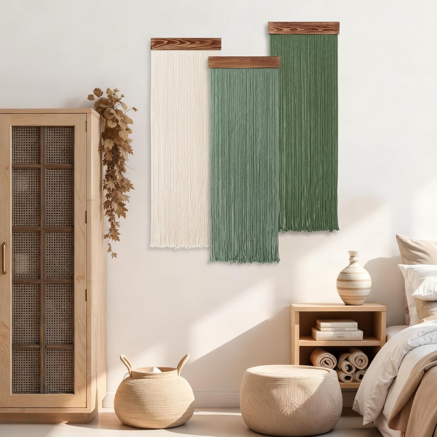 Macrame Wall Hanging Boho Chic Home Decor / Green and Beige / Set of 3