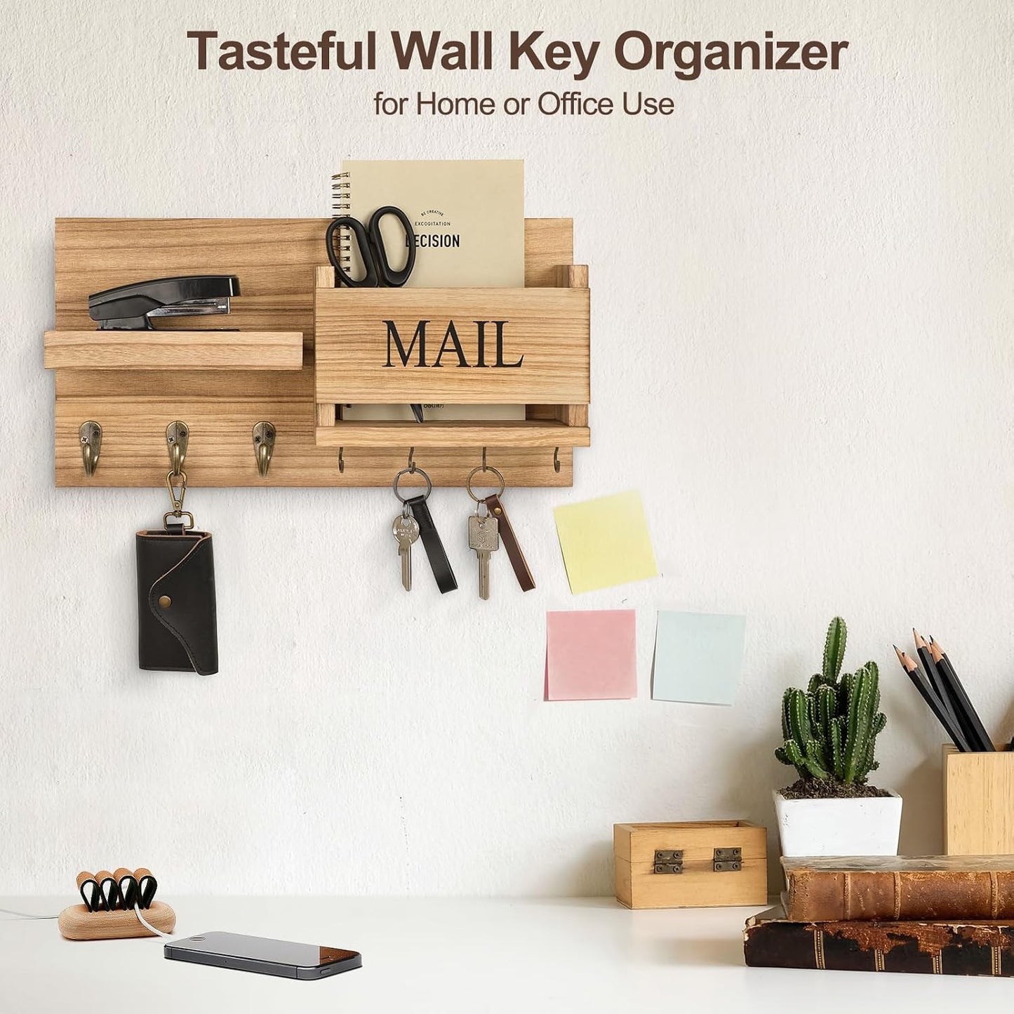 Shelf Includes Letter Holder and Hooks for Hallway Farmhouse / Wood