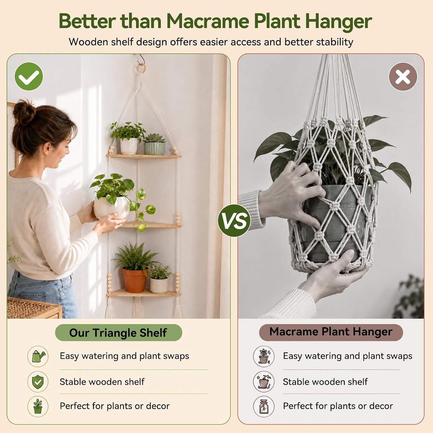 Adjustable Boho Wood Plant Shelves Display / Beige 3-tier