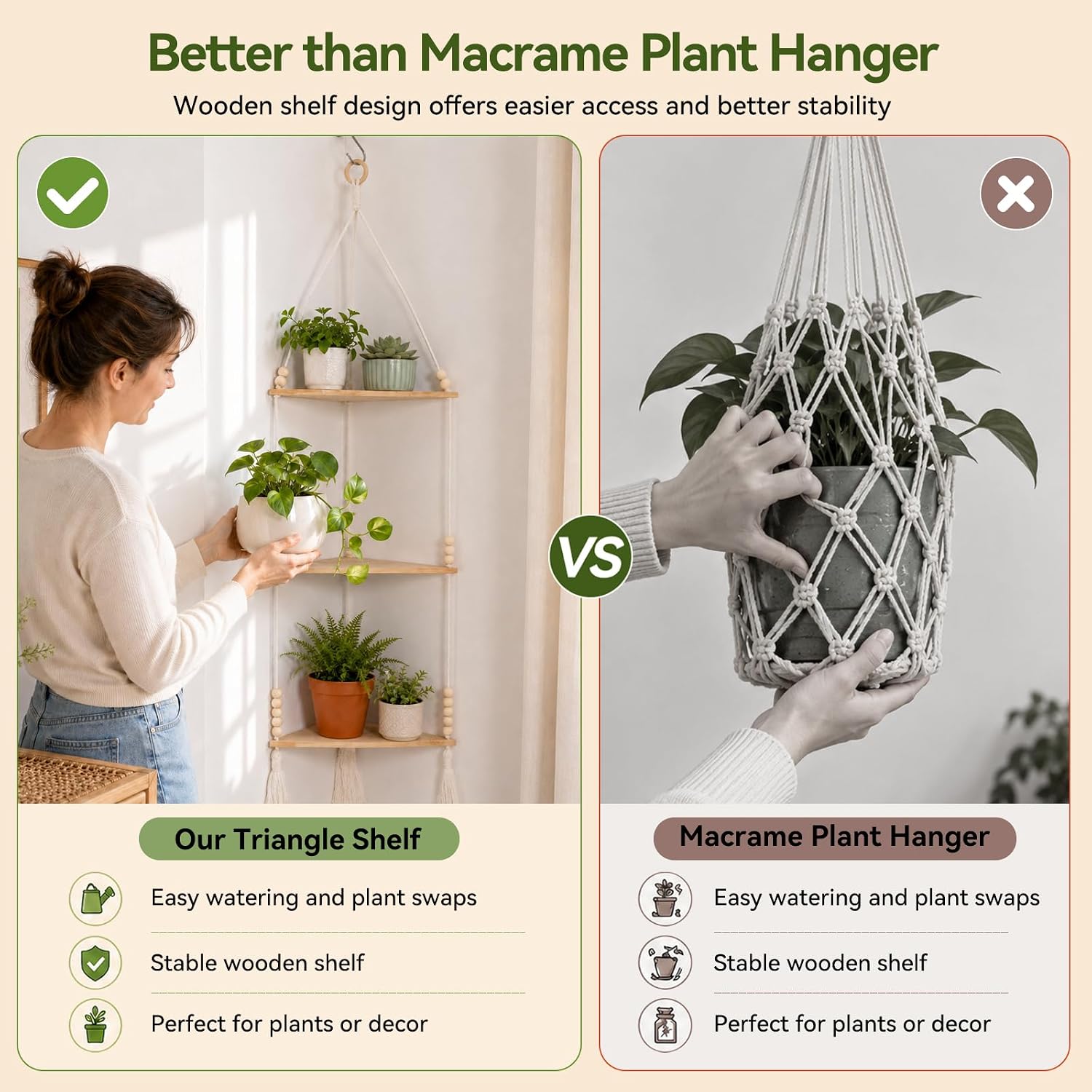 Adjustable Boho Wood Plant Shelves Display / Beige 3-tier