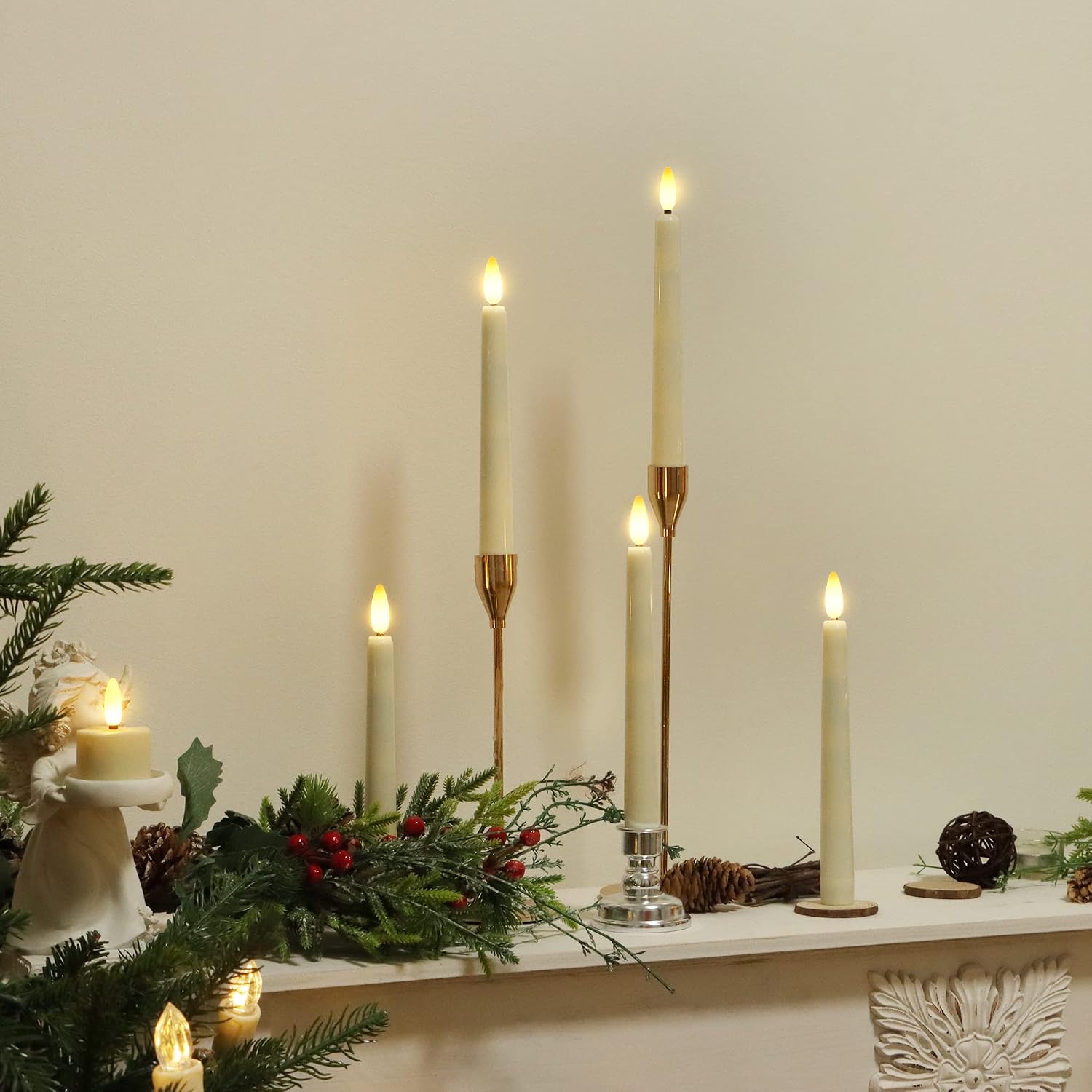 FPOO 8PCS Flameless Flickering Taper Candles with 2 Remote Control and Timer, 8 Inch 3D Wick Floating Flickering Flame