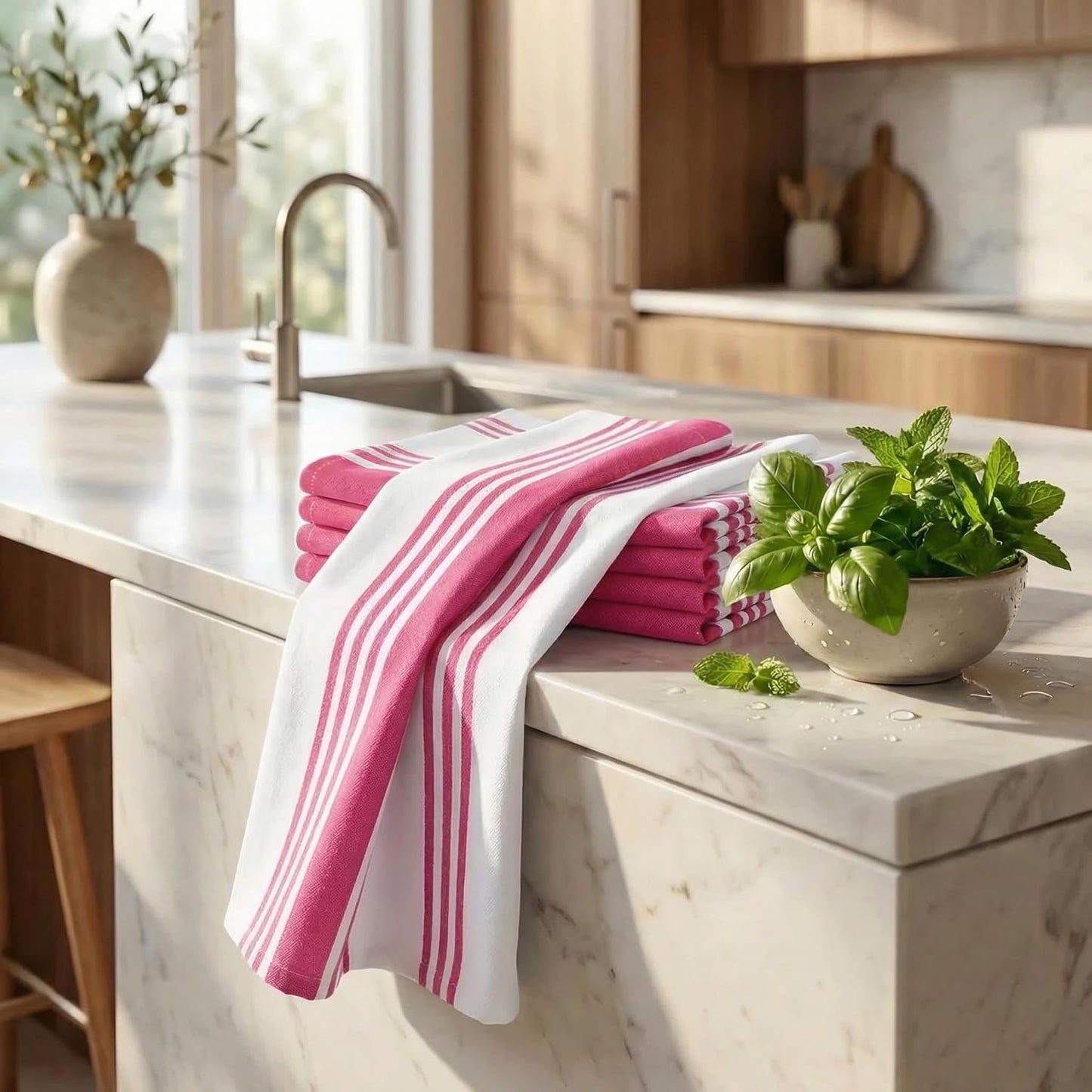 Urban Villa Kitchen Towels Cotton Dish Towel 20”x30” (Set of 6) Fuchsia White
