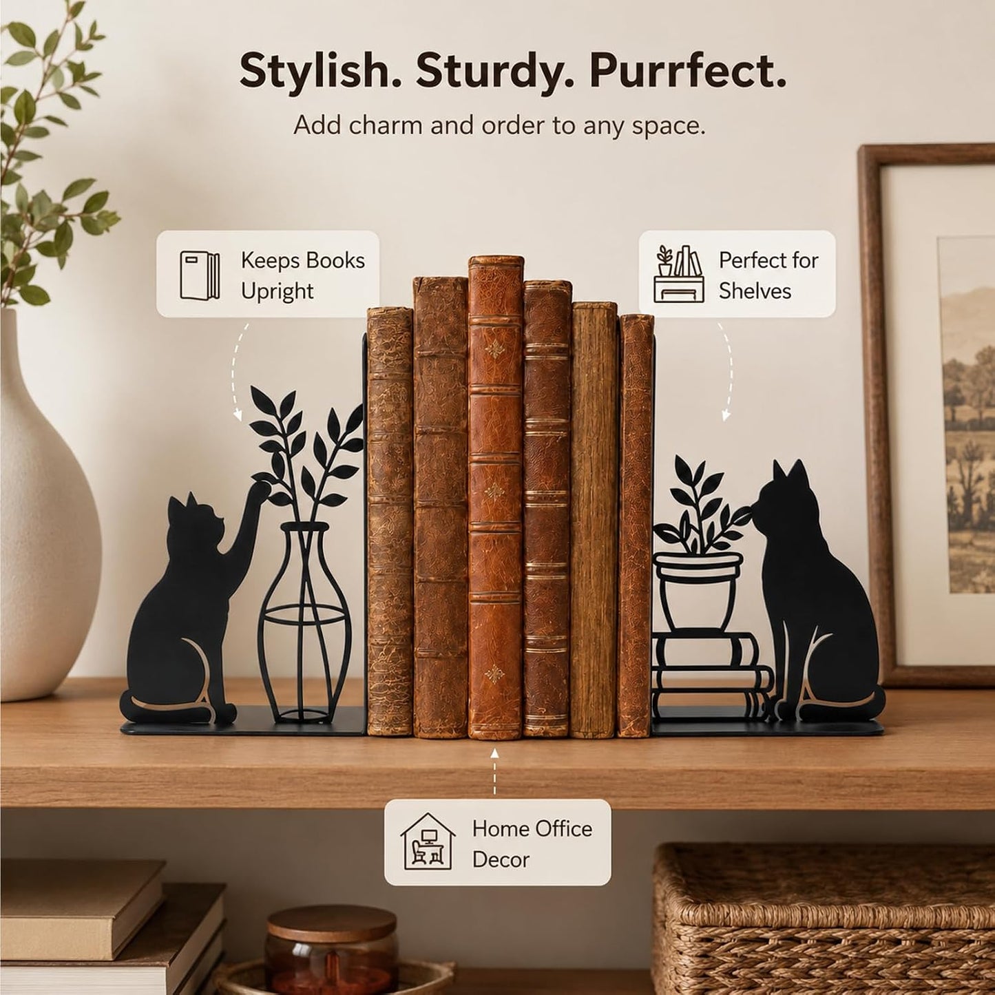 Metal Book Ends / Modern Cat Shape Bookend Holder