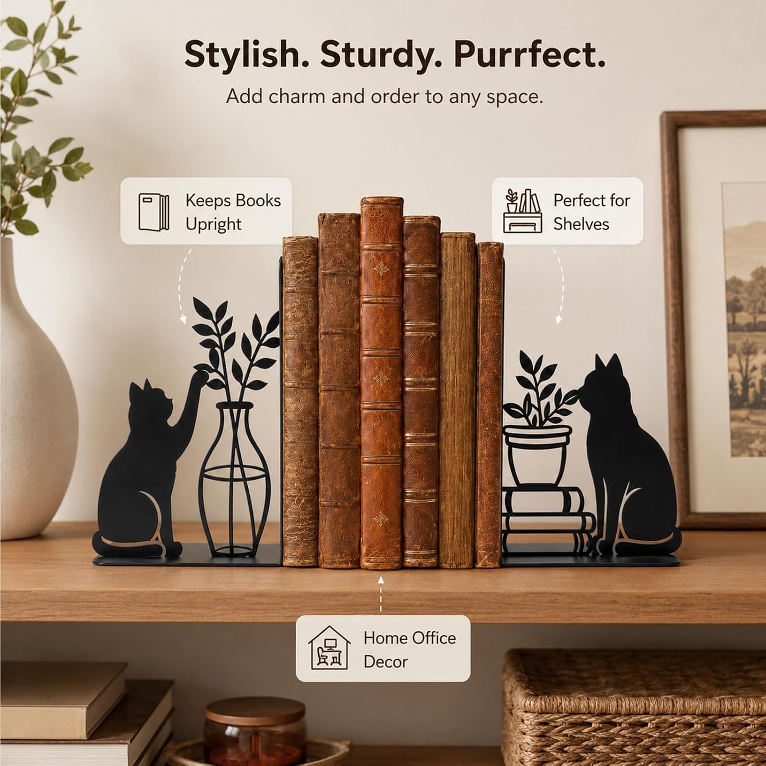 Metal Book Ends / Modern Cat Shape Bookend Holder