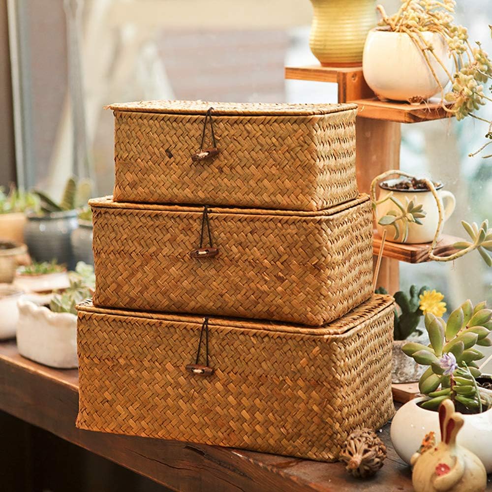Compact Handwoven Seagrass Storage Bins Rectangular Wicker Basket / Set of 3