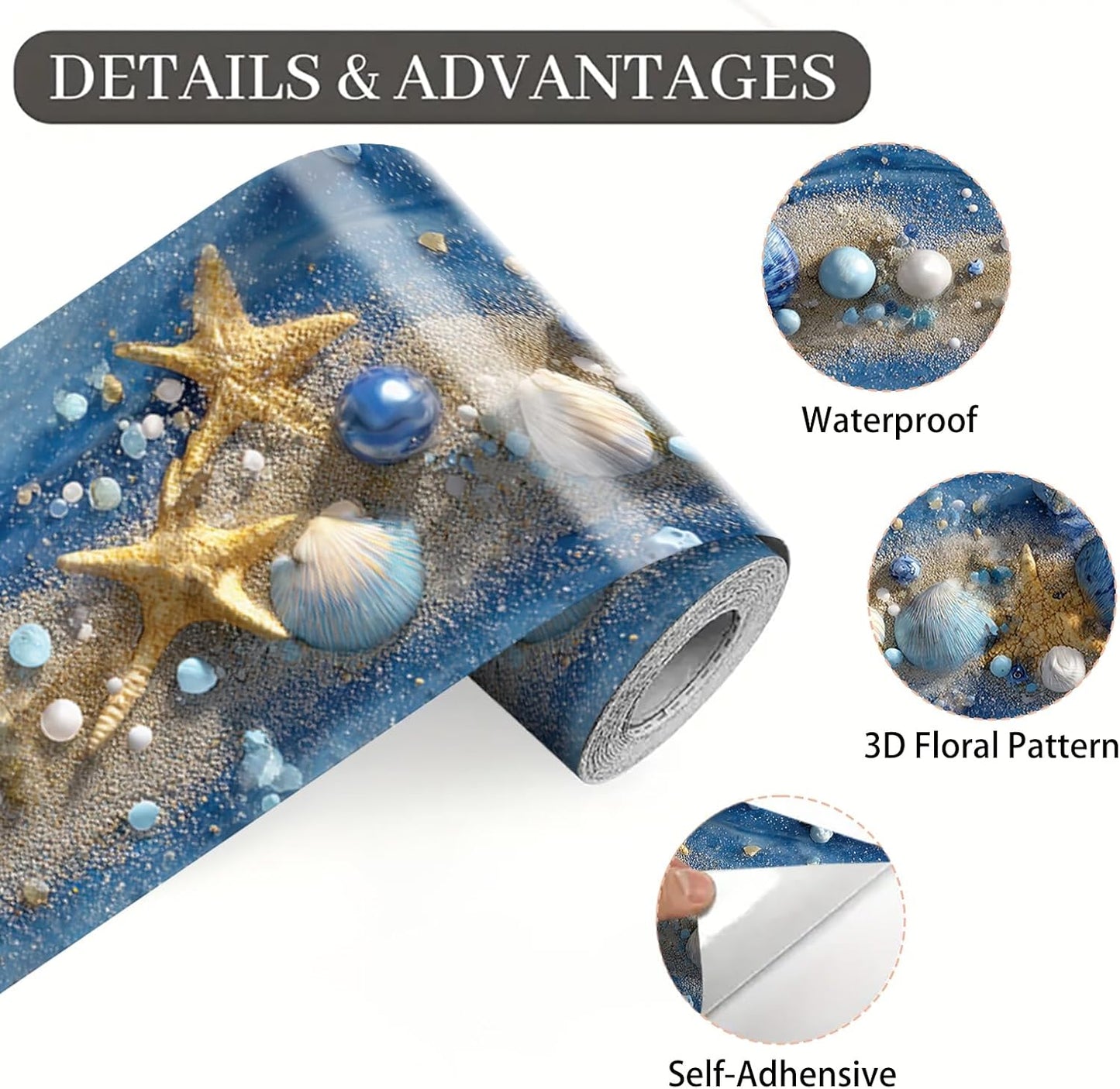 Wall Border Peel and Stick Coastal Beach Seashell Self Adhesive / Ocean Starfish / Blue / 196 x 4