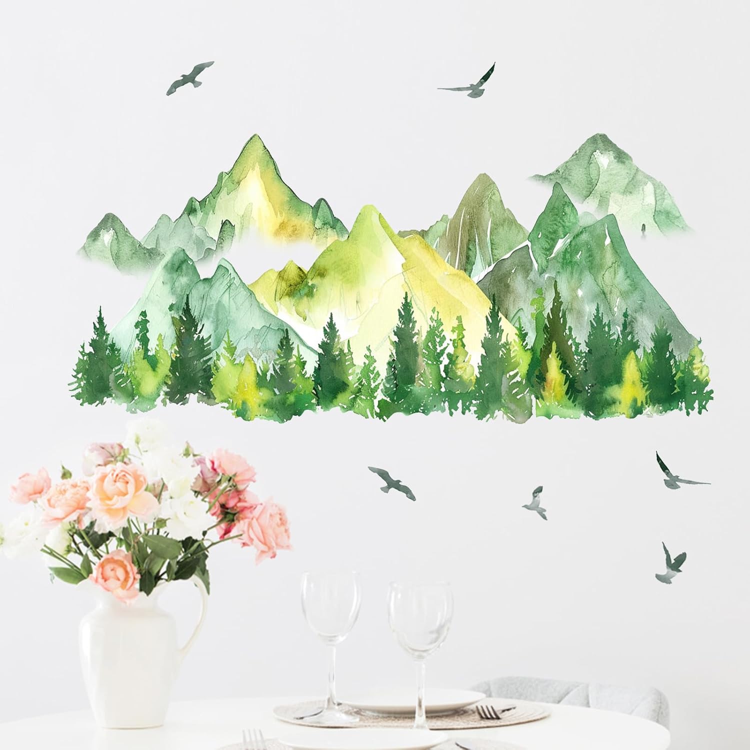 Watercolor Wall Decals Stickers / Mountain Birds / Green