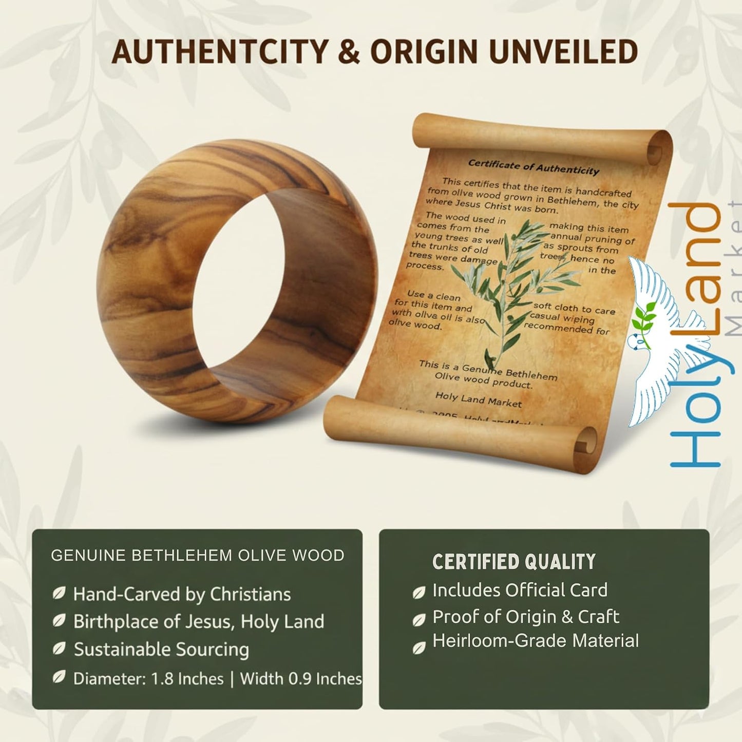 Holy Land Market Hand Carved Olive Wood Napkin Rings Set of 8 Bethlehem | 8 Rings, 1.8 Inch Diameter, 0.9 Inch Wide