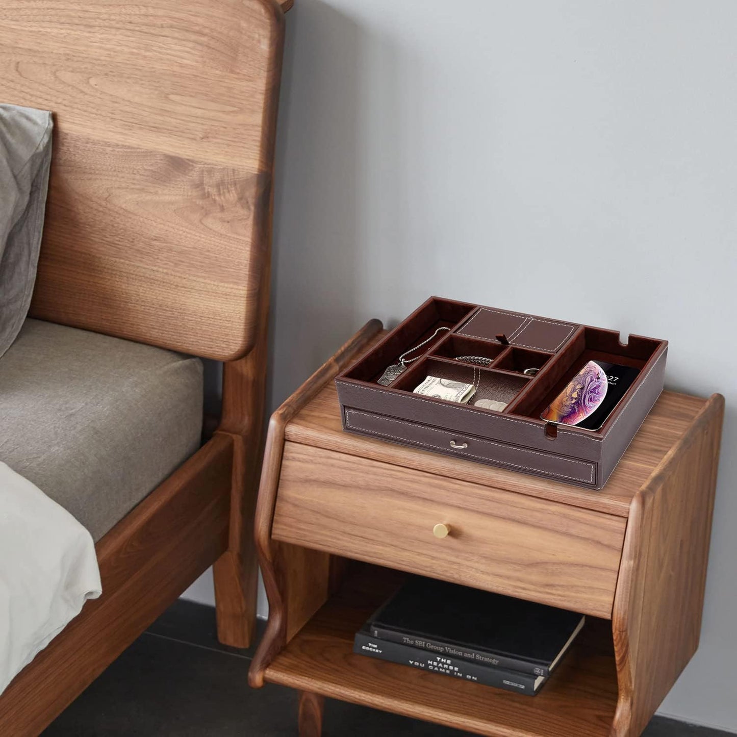 Baoyun Valet Tray for Men, 2 Layers Nightstand Organizers for Men and Women, Leather Jewelry Storage Box, Mens Dresser