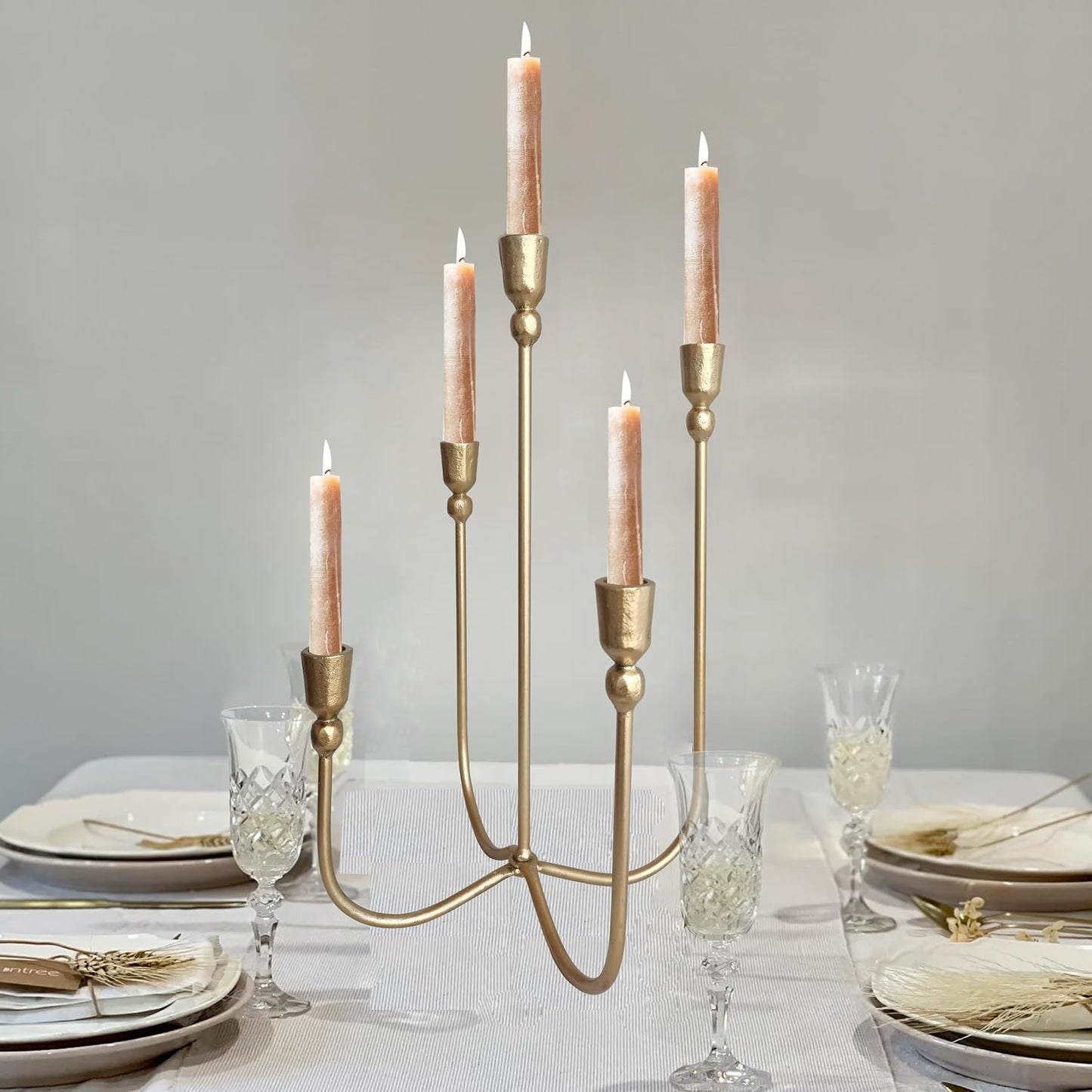 Iron Tabletop Candelabra - Decorative Metal Candelabra Candle Holder, 5 French Dinner Candles (Dinner 5 Candles)