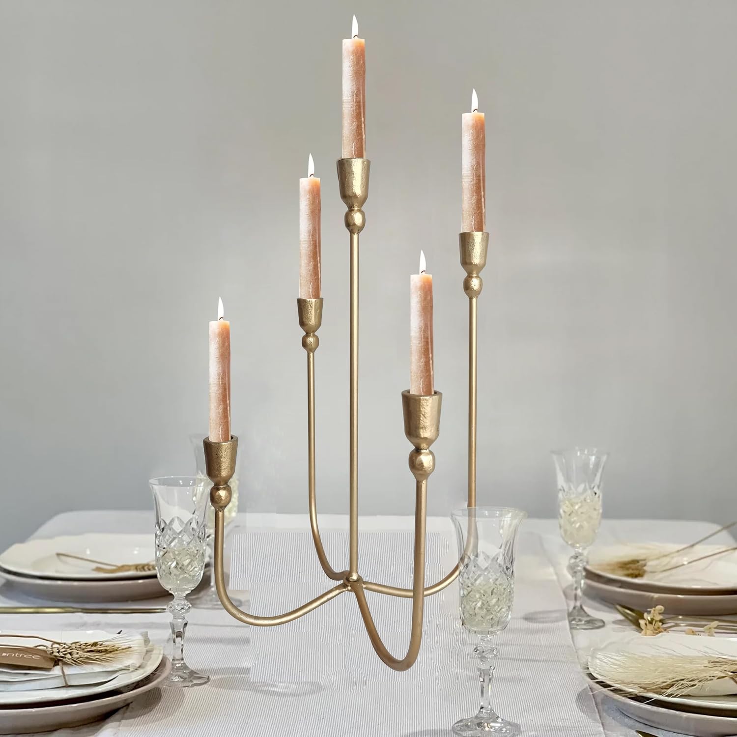 Iron Tabletop Candelabra - Decorative Metal Candelabra Candle Holder, 5 French Dinner Candles (Dinner 5 Candles)
