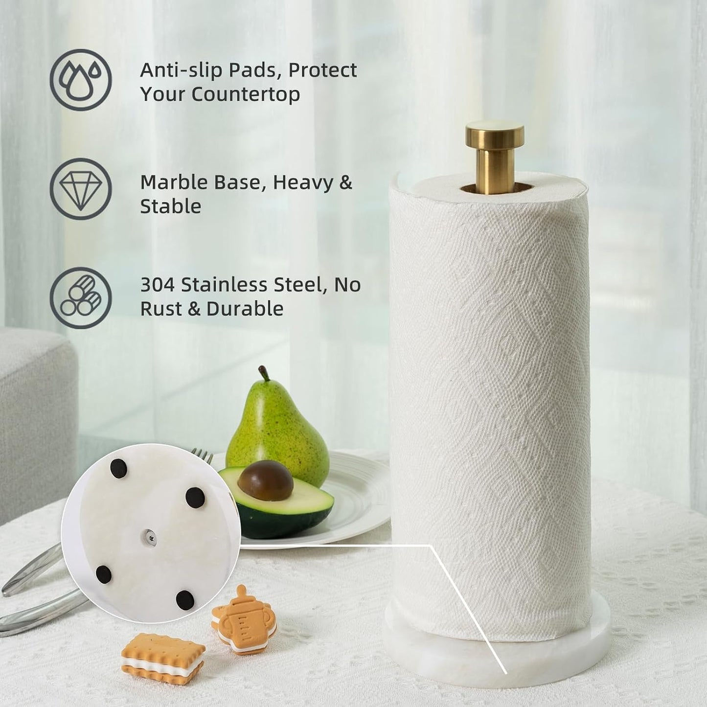 African Genuine Marble Paper Towel Holder Countertop, 6" Stone Base Gold Rod Paper Towel Holder Stand for Kitchen