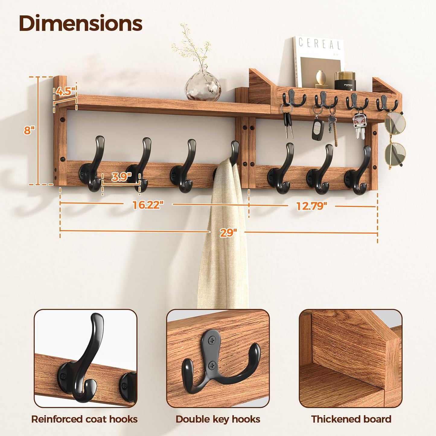 11 Hooks / Coat Rack Wall Mount / Brown / 29 Inch / 4 Inch