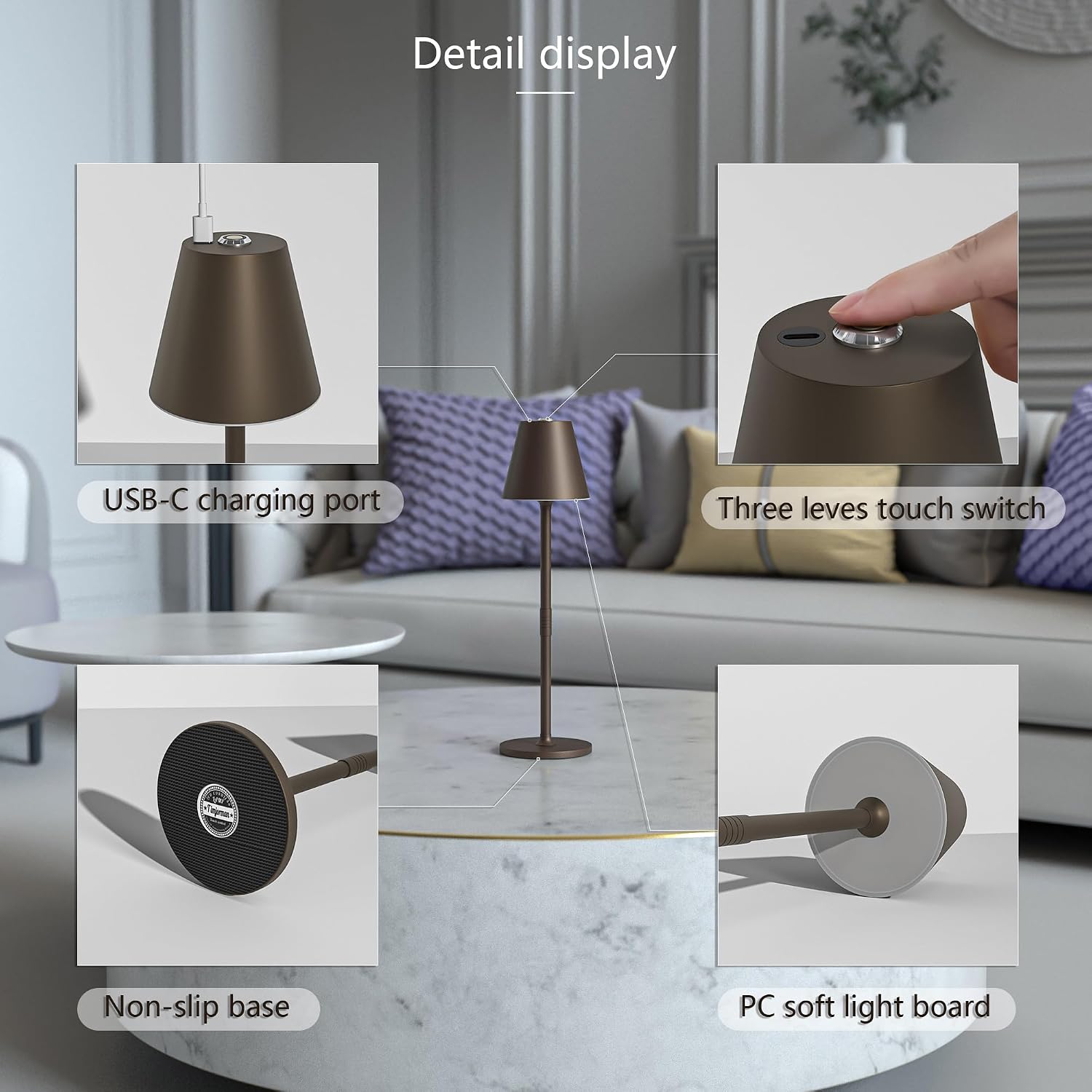 Timjorman Modern LED Cordless Table Lamp, 4000mAh Rechargeable Battery, 3 Level Brightness Night Light, Metal Shell
