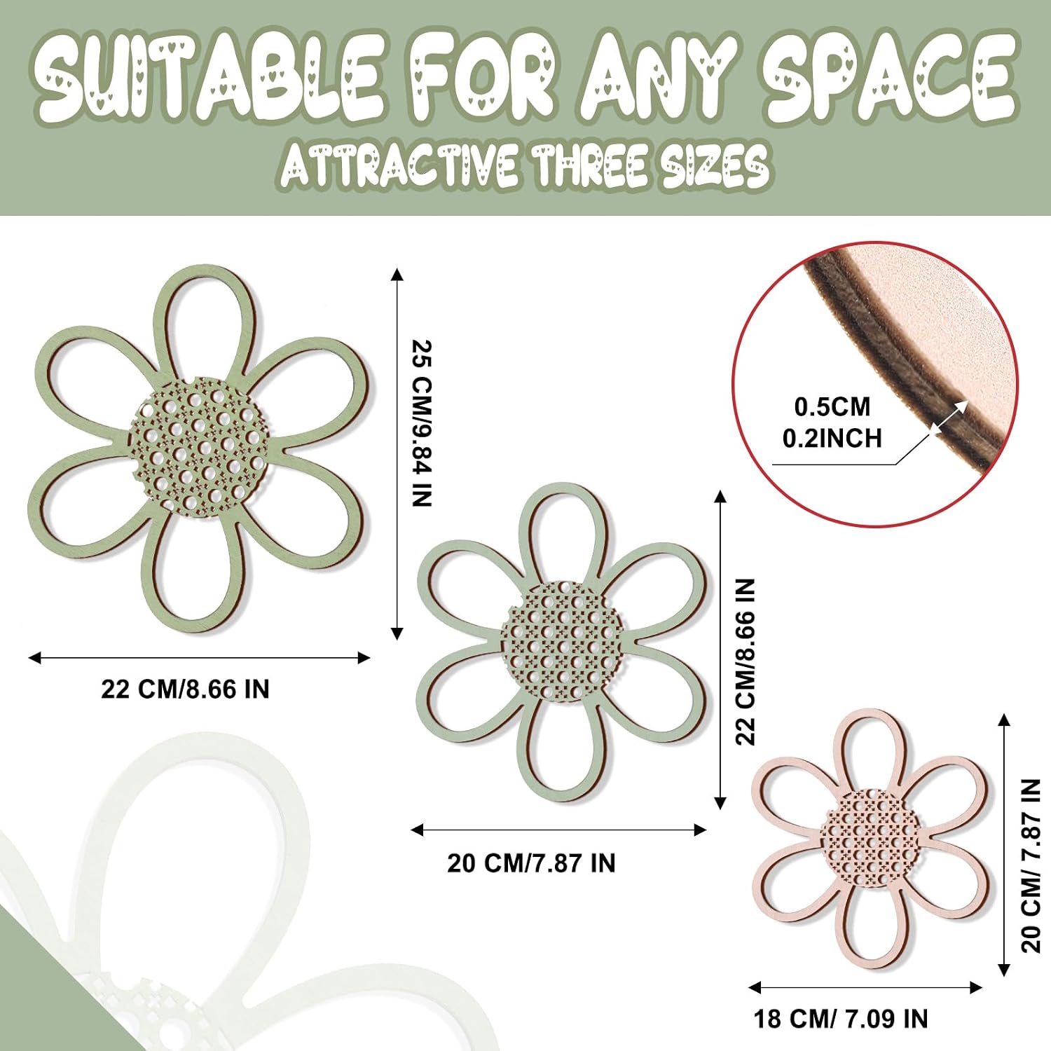 Wood & Rattan Daisy Flower Wall Hanging Art / Bright Color / Set of 3