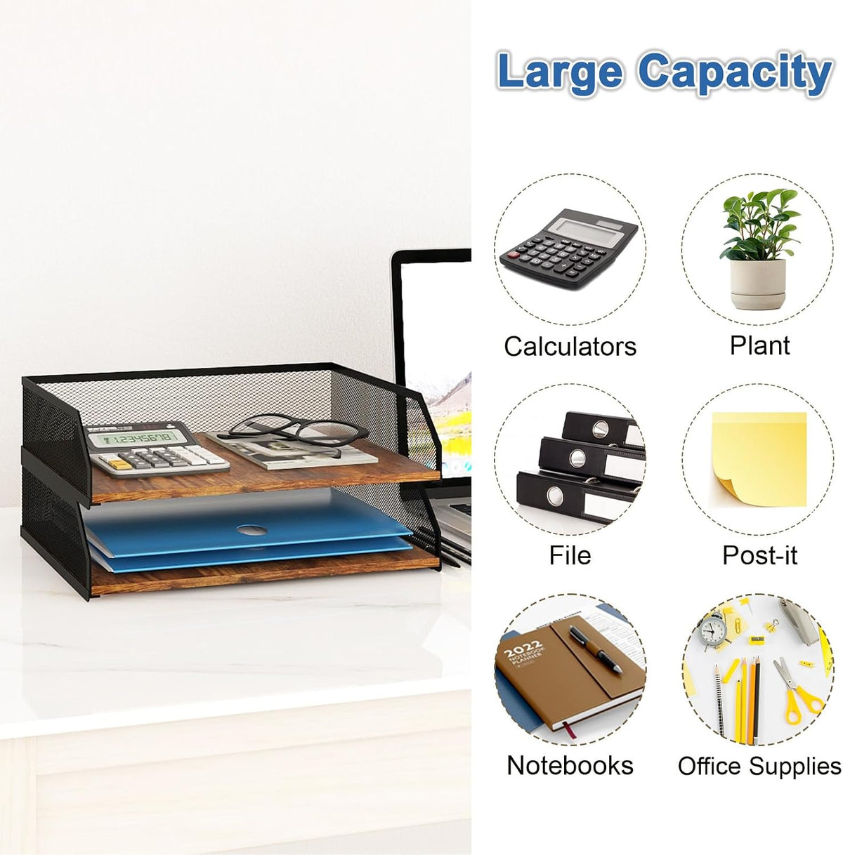 Natwind 2-Tier Stackable Metal Mesh Paper Tray Organizer,Retro | Wooden Desk Organizer, Letter Tray For Desktop,File