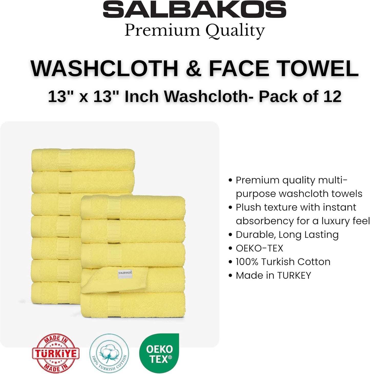 SALBAKOS 12-Piece 100% Turkish Cotton Washcloths and Face Towels, Yellow | 13x13 in Standard Size Small Towel