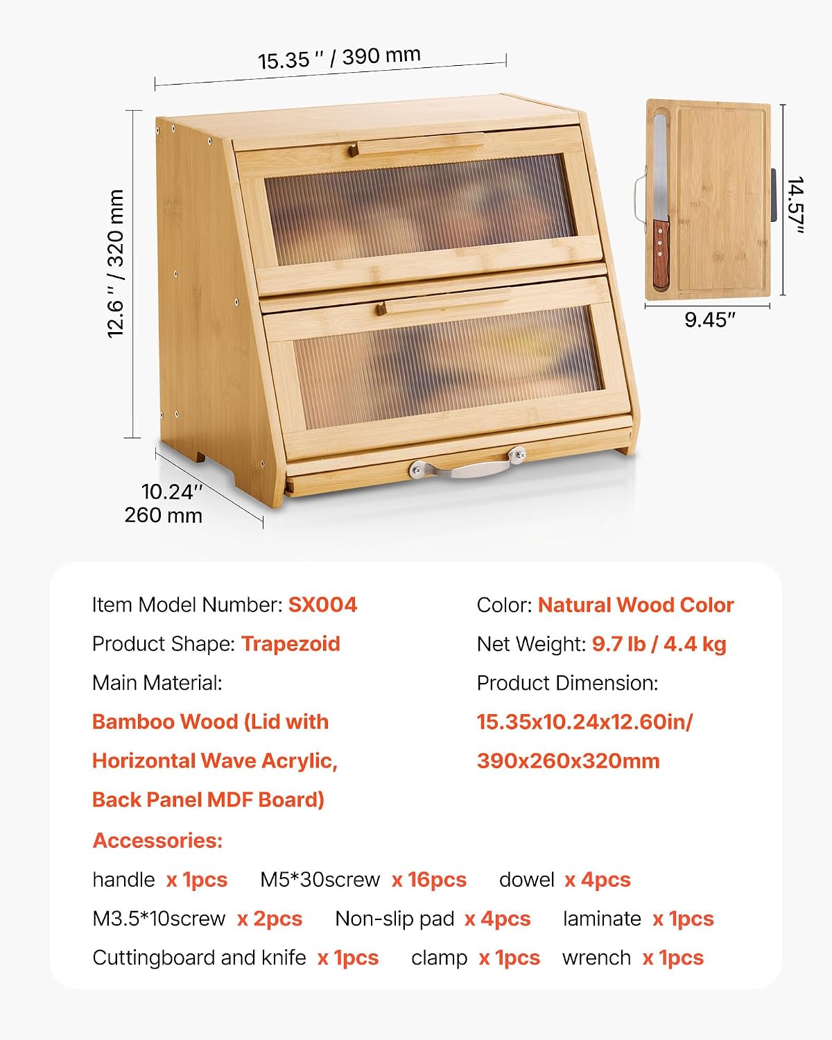VEVOR Double Layer Bread Box for Kitchen Counter, Large Capacity Bamboo Bread Storage Container, Farmhouse Wooden