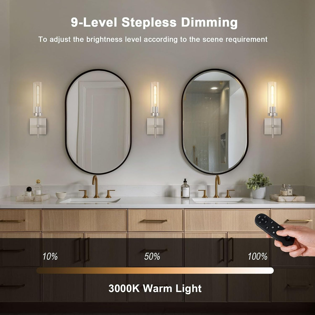Brushed Nickel Battery Operated Wall Sconces with Remote Control, Wireless Wall Sconce Set of 2, Rechargeable Cordless