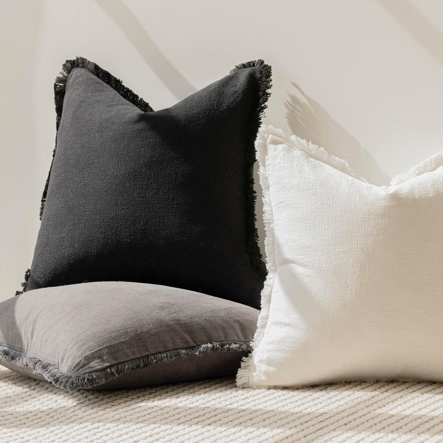 Decorative Linen Fringe Throw Pillow Covers Boho Farmhouse Cushion / 18 x 18 / Black / Set of 2
