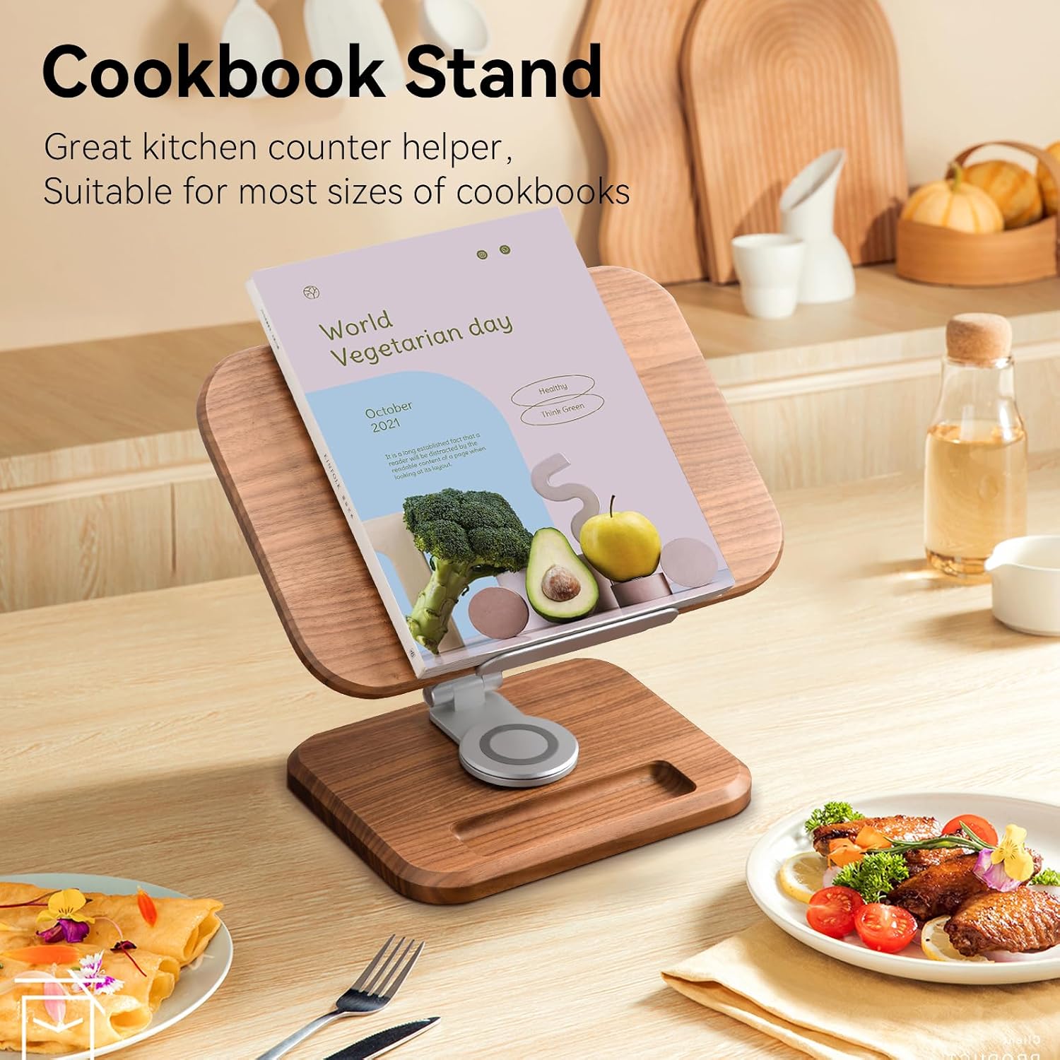 Book Stand for Reading, Mayhas Adjustable Book Holder with 360° Swivel Base&Page Clips, Foldable Desktop Stand for