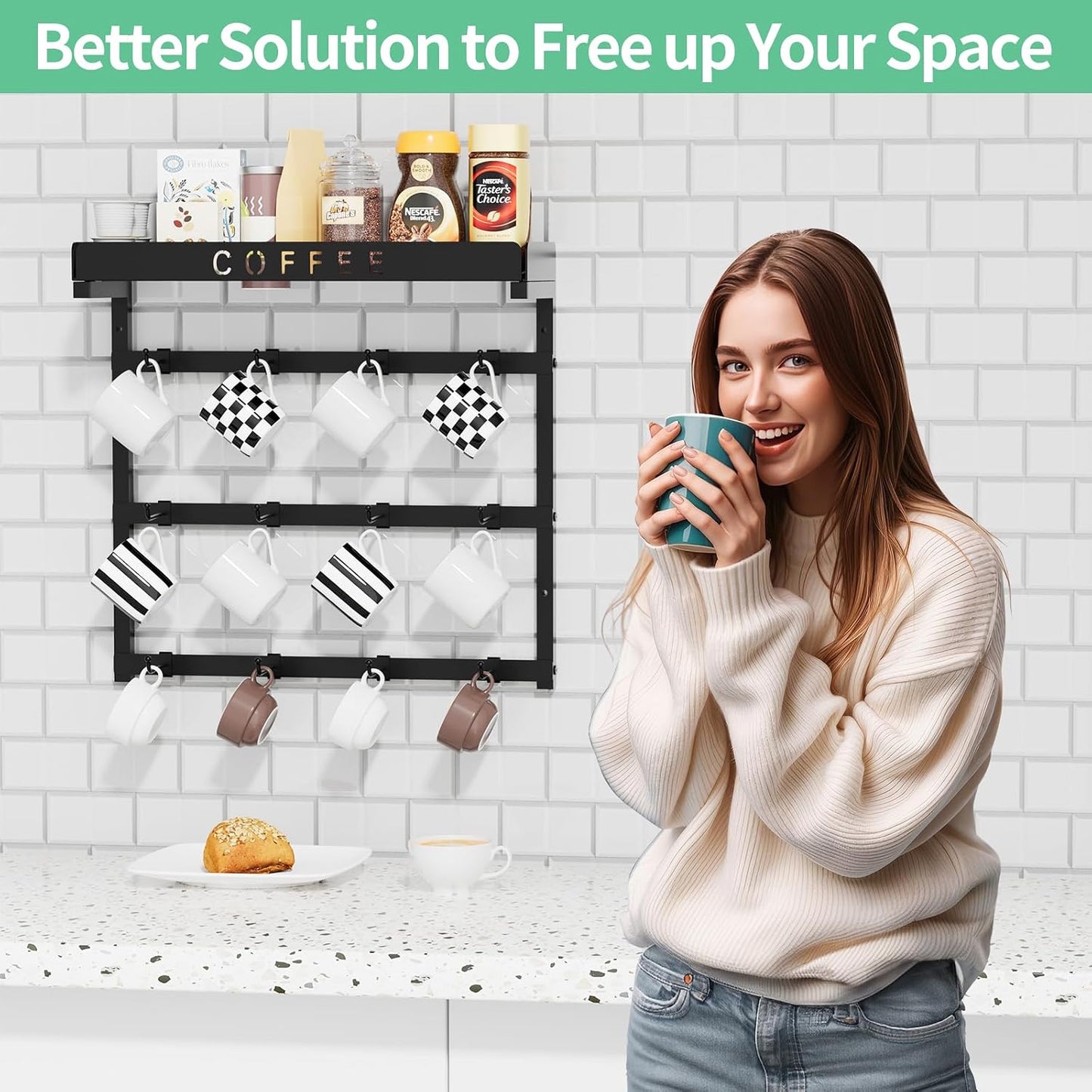 Coffee Mug Holder Wall Mounted with 12 Movable Hooks | Sturdy Metal Coffee Cup Holder with Large Top Shelf for Mug