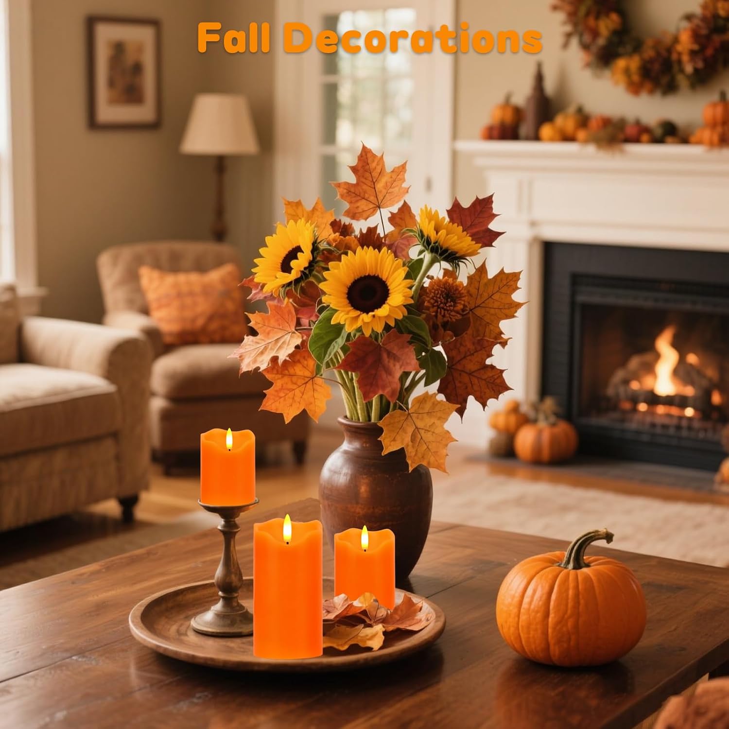 Orange Flameless Candles Set of 3, Fall Pillar Candles with Remote & Timer | Flickering Real Wax LED Candles Battery