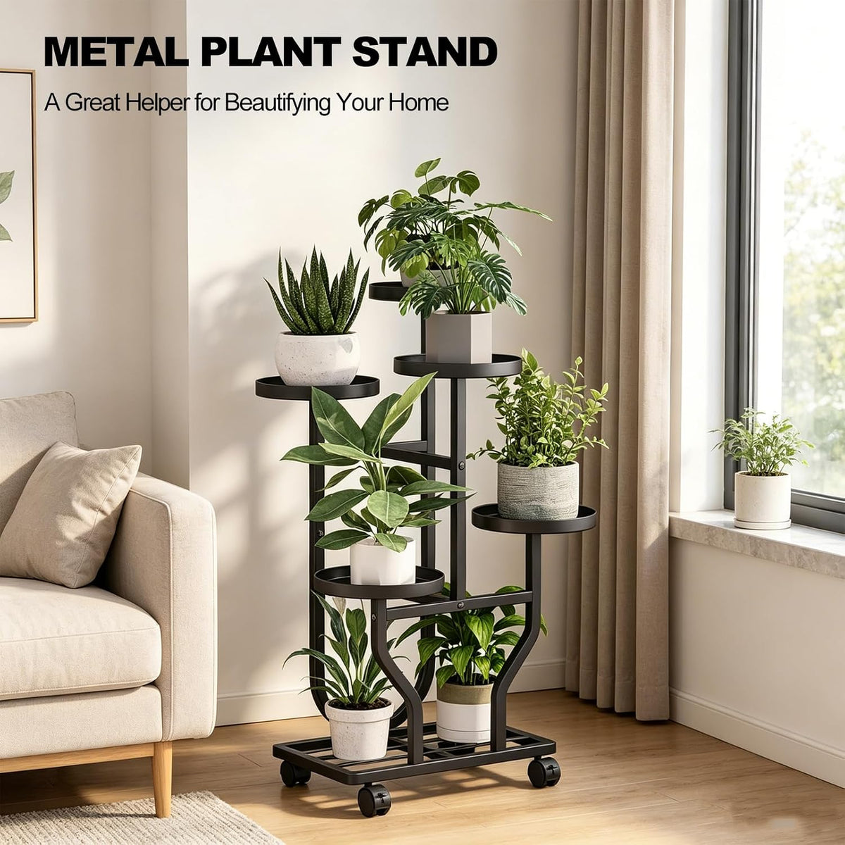 Plant Stand with Wheels, Black 5 Tier Metal Plant Shelf for Indoor Outdoor | Corner Plants Stand Indoor for Bedroom