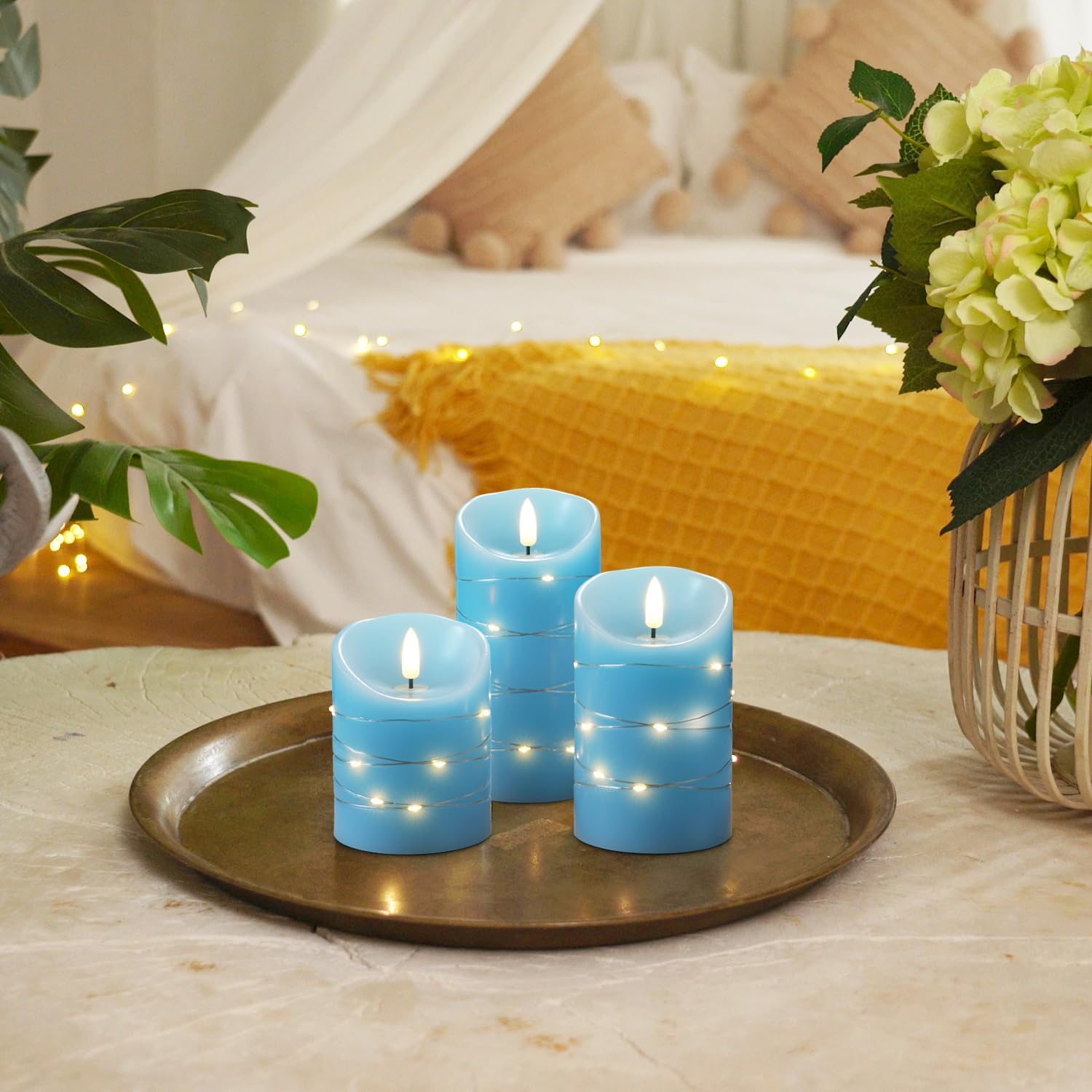 Homemory Flameless Candles with String Lights, 3 Pack Embedded Fairy String Lights LED Candles, Electric Flickering