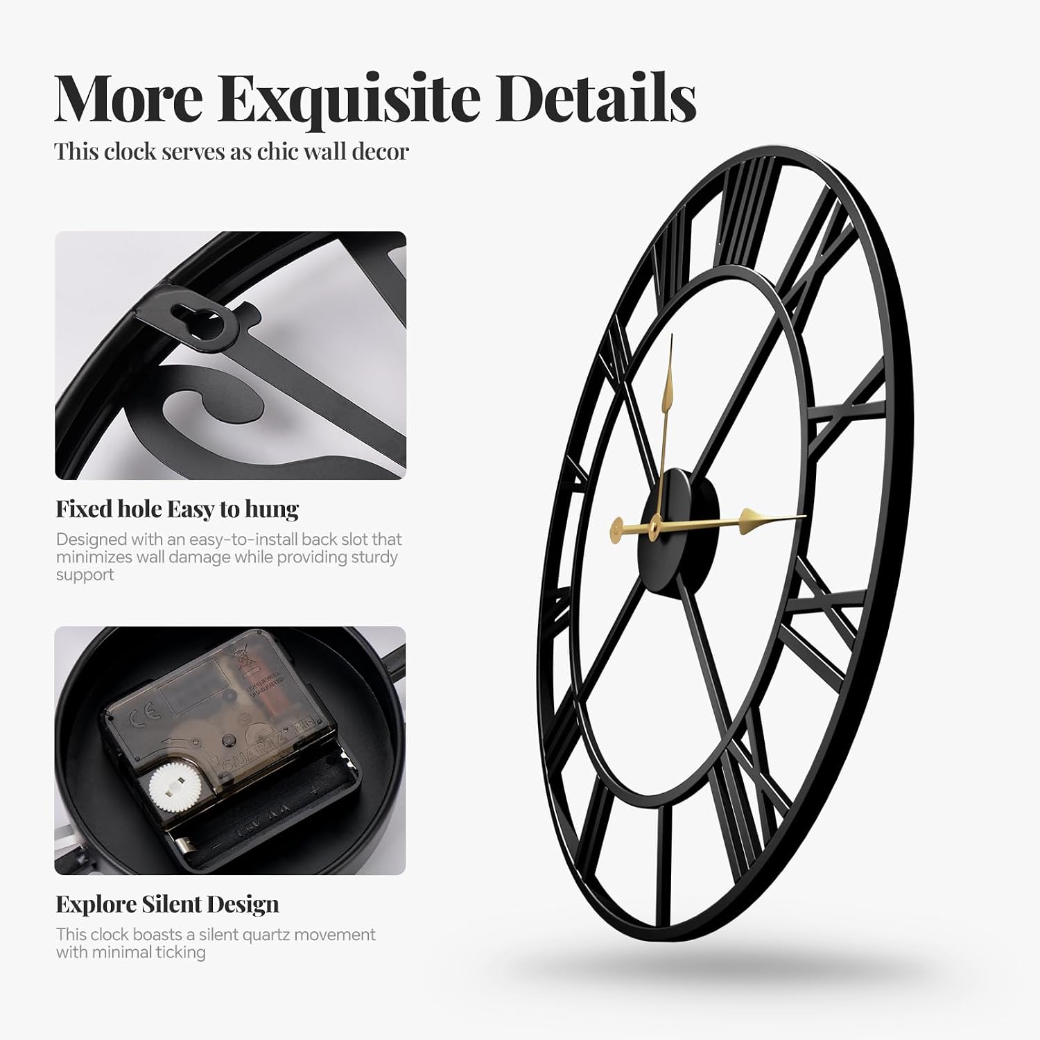 Cuspin 36 Inch Large Wall Clock for Living Room Decor, Black Roman Numeral | Modern metal round,battery operated,silent