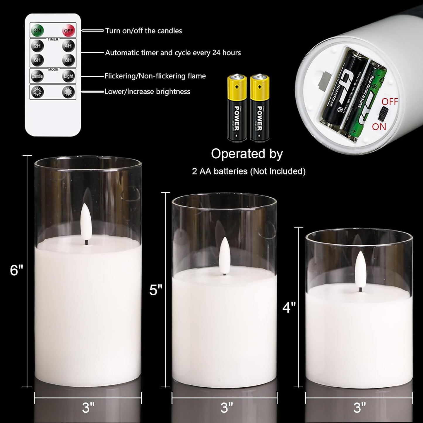 GenSwin Glass Flameless Candles Battery Operated with Remote Clear | LED Candles, 3 Pack, Real Wax, Fake Candles