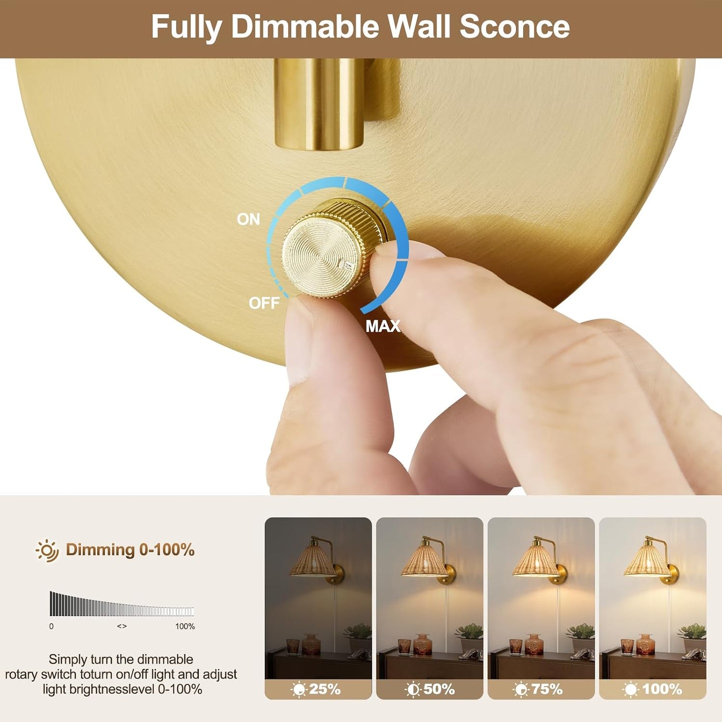 Plug in Wall Sconces Set of 2, Rattan Wall Lamps with Cord and Dimmer Switch, Gold Swing Arm Wall Mounted Bedside Lamps