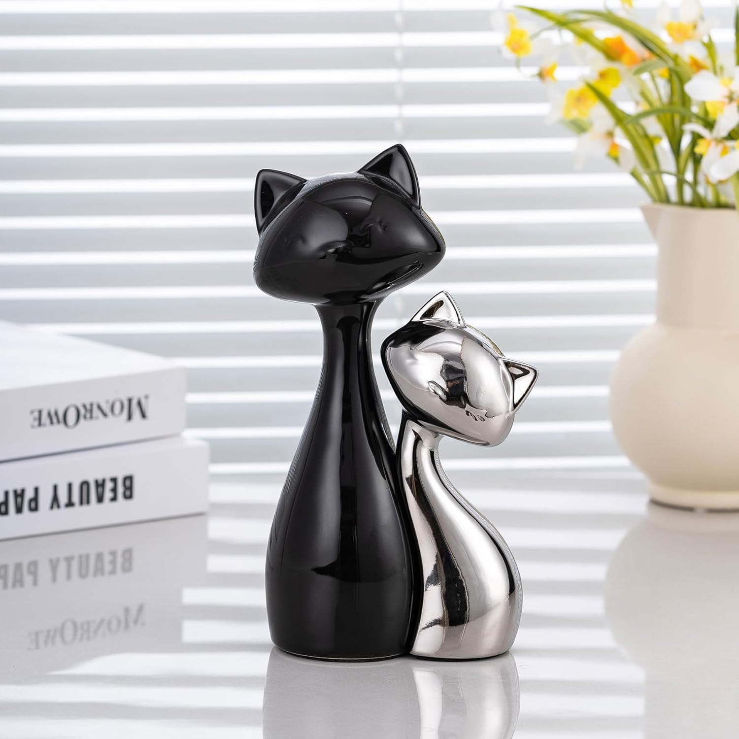 Ceramic Cat Statue / Black& Silver / Set of 2