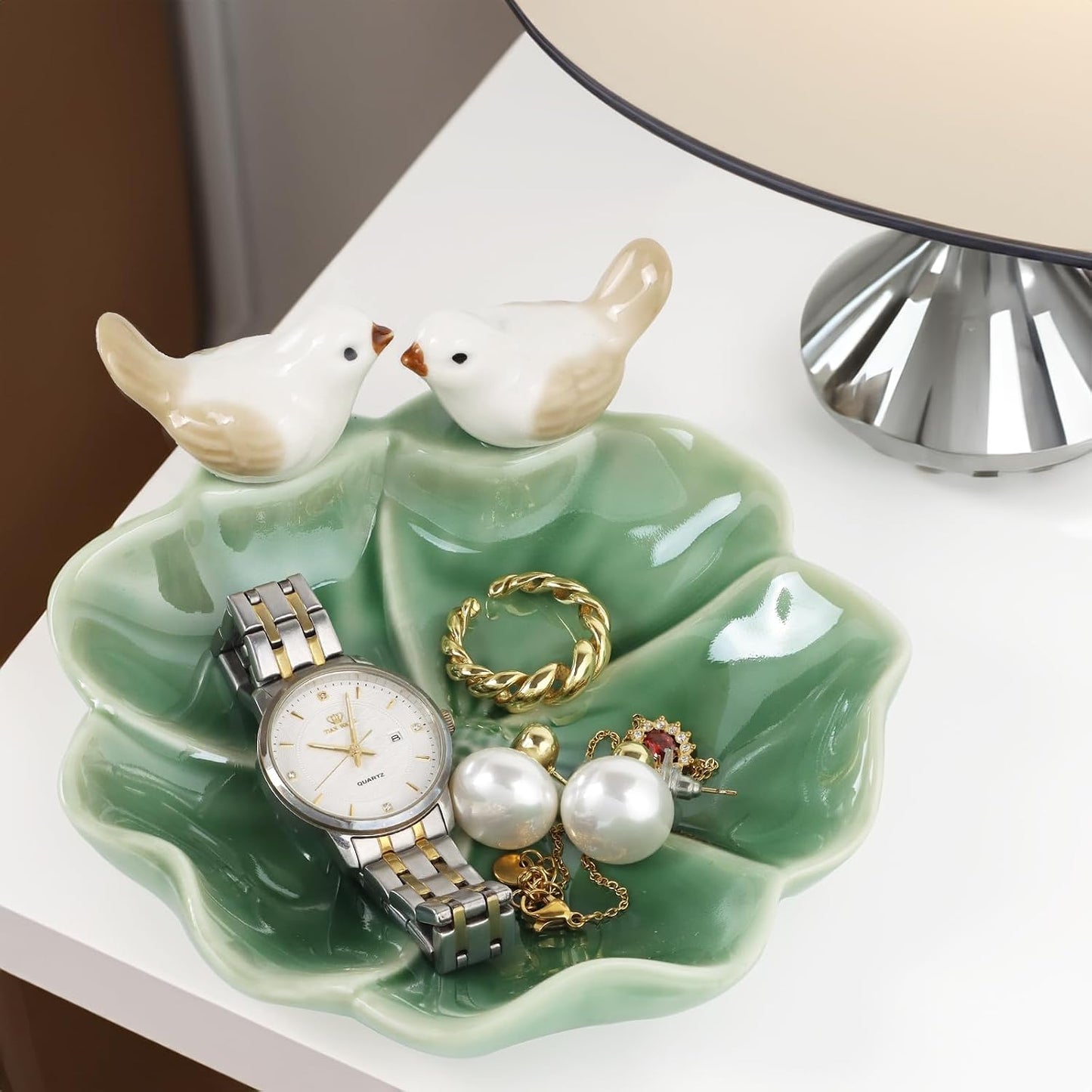 Ceramic Jewelry Tray Trinket Dish Decorative Bird & Lotus Leaf Ring Holder Dish Aesthetic / Green