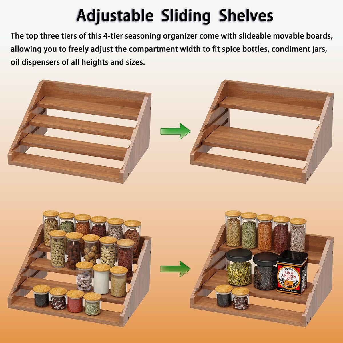 Solid Wood Spice Rack Organizer for Countertop & Cabinet, 4 Tier Adjustable Wooden Spice Shelf with Sliding Track
