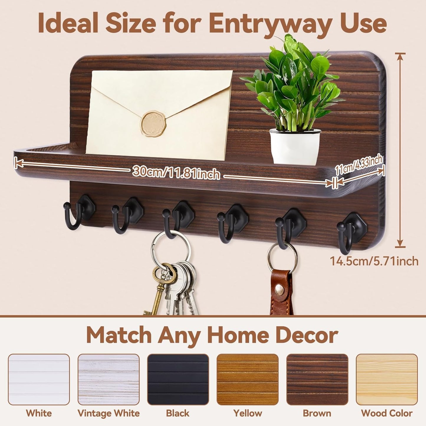 6 Hooks Wooden Hanging Key Rack / Brown