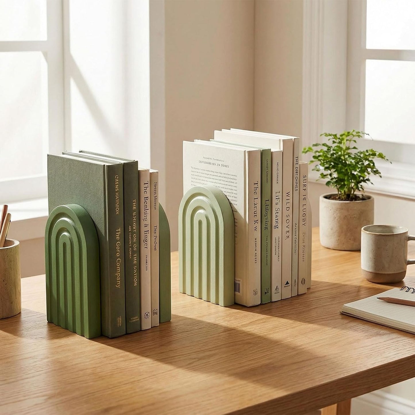 Boho Arch Wood Bookends Sage Rainbow Wooden Book Stands / Green / Set of 4