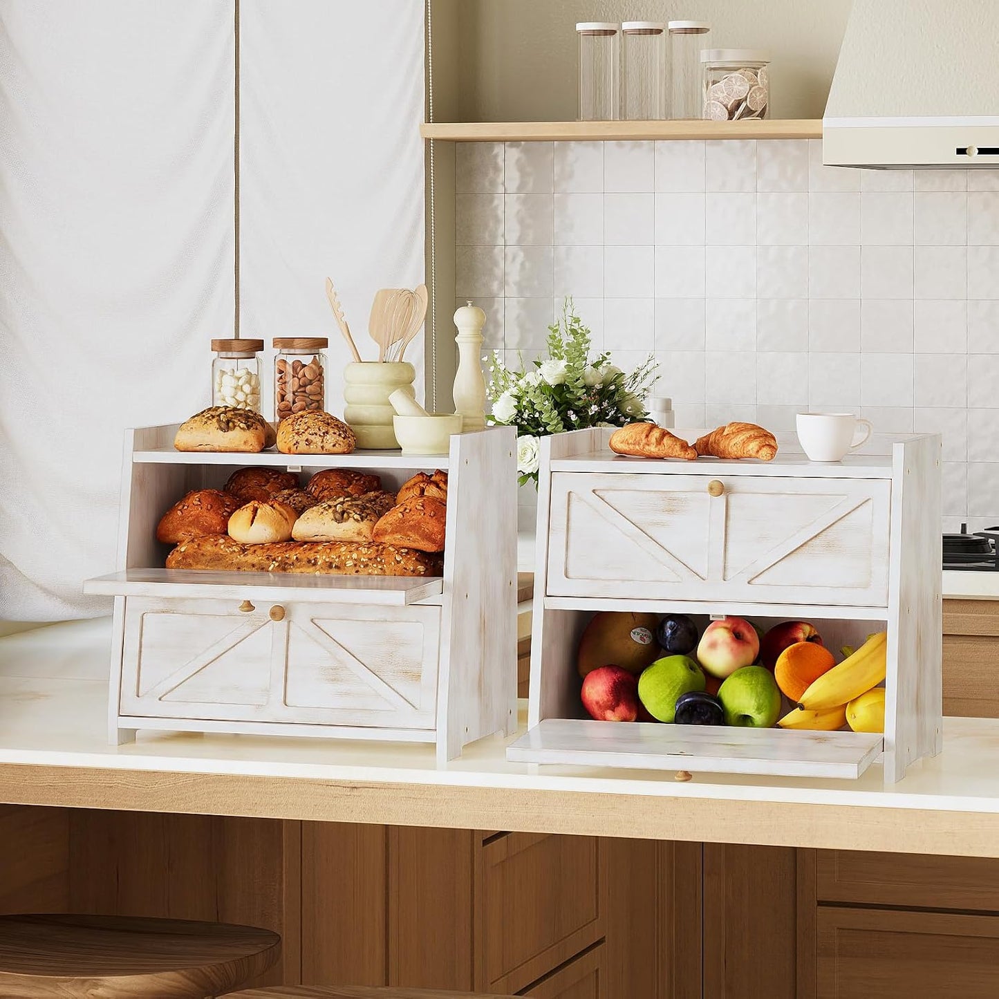Trironsun Vintage Double Layer Bread Box for Kitchen Counter Bamboo Bread Storage Container Large Capacity Bread