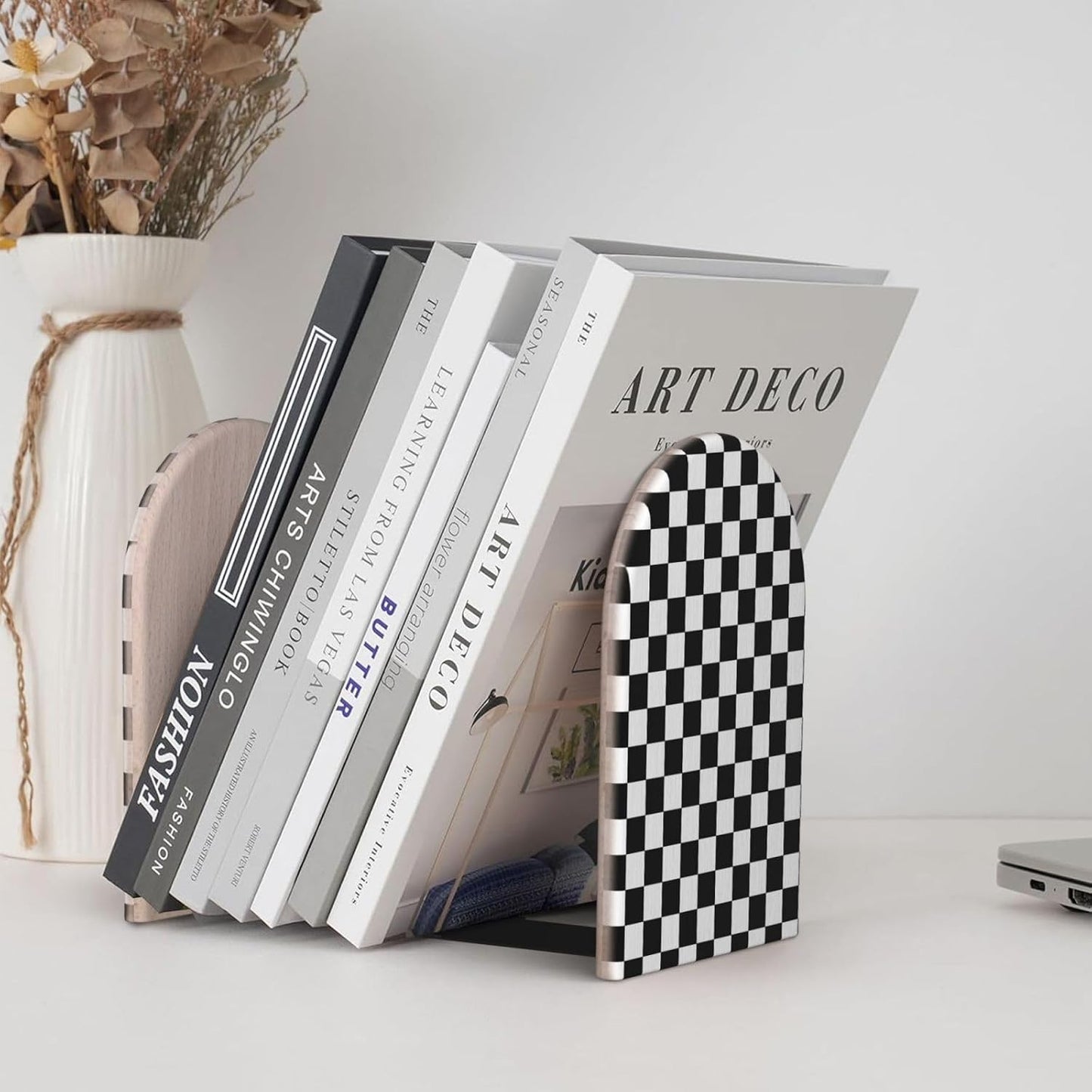 Wood Decorative Bookends / Black Checkered / Standard Size / 6.7 x 4.2 / Set of 2