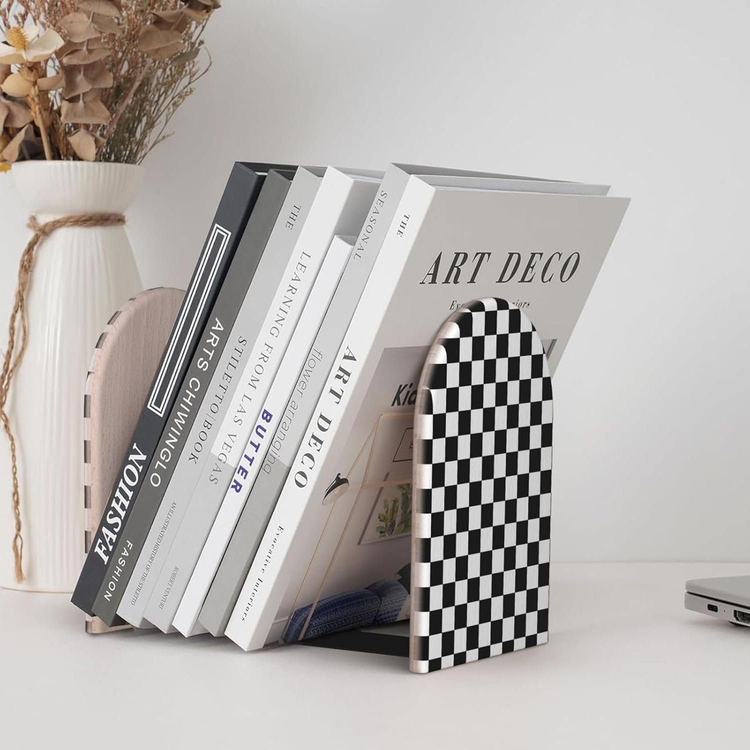 Wood Decorative Bookends / Black Checkered / Standard Size / 6.7 x 4.2 / Set of 2