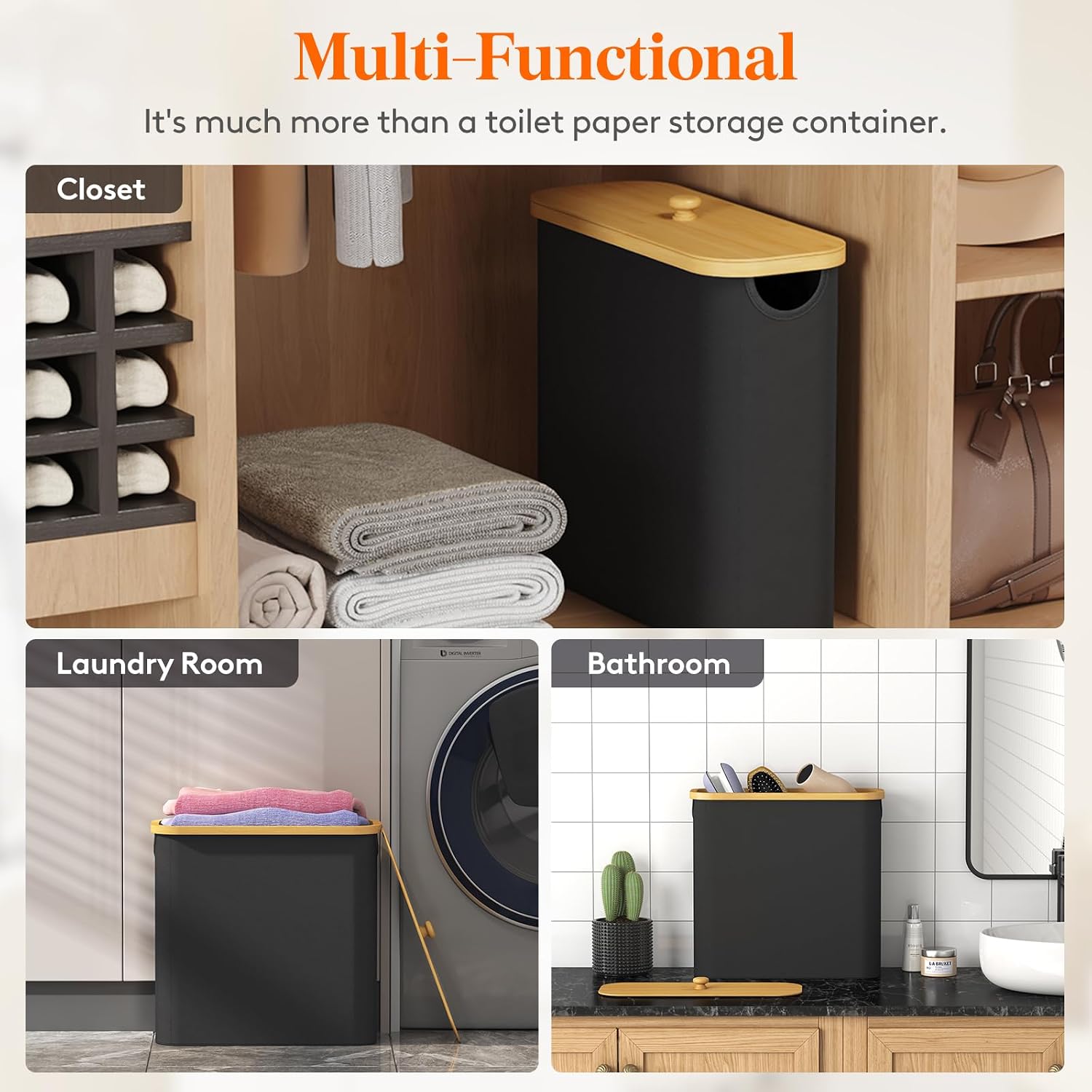 Lifewit Toilet Paper Storage Holder, Large Stand Basket, 23L, Black | 9 to 12 Rolls, Large Paper Stand with Bamboo Lid