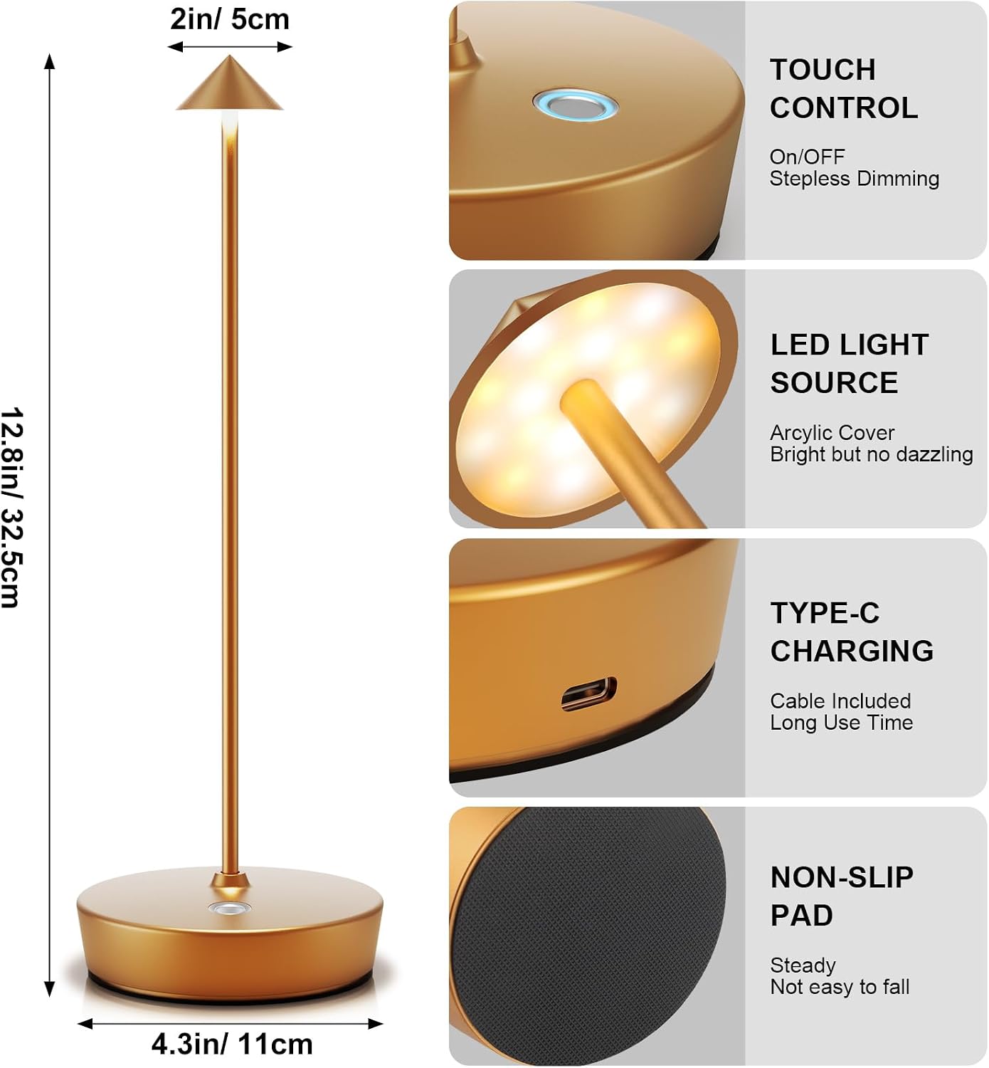 Rechargeable Cordless Table Lamp, Portable Powered LED Battery 6000mAh Metal USB Desk Lamp, 3 Levels Brightness Light