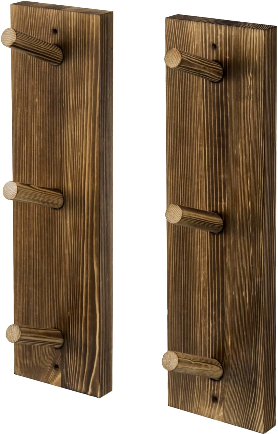MyGift Wall Mounted Wooden Mug Rack - 3 Hook Rustic Burnt Wood Teacup Mug Storage Organizer, Set of 2