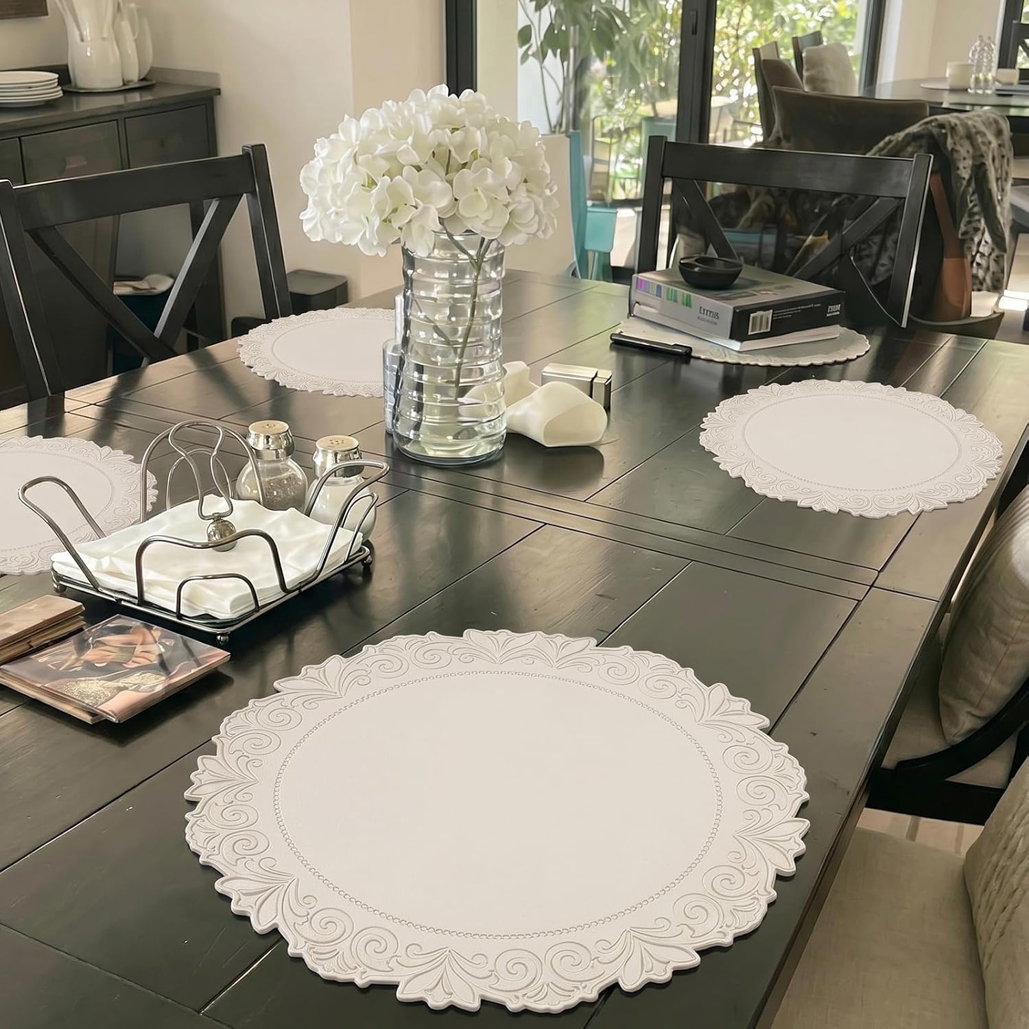 Round Faux Leather Placemats Set of 6, Dining Table Mats, Beige | Engraved Texture, 15 Inch Diameter, Waterproof and