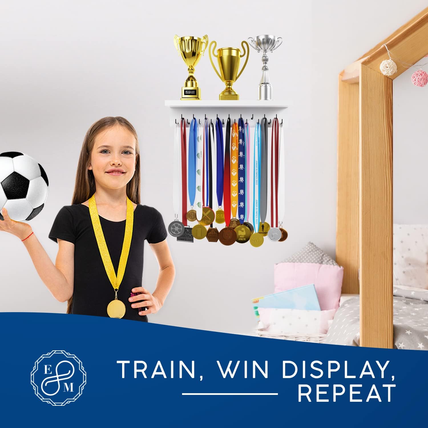 EVERMORE Medal Hanger Display and Trophy Shelf with Hooks - Wooden Medal Holder for Wall Mount Ribbon Display, Trophy