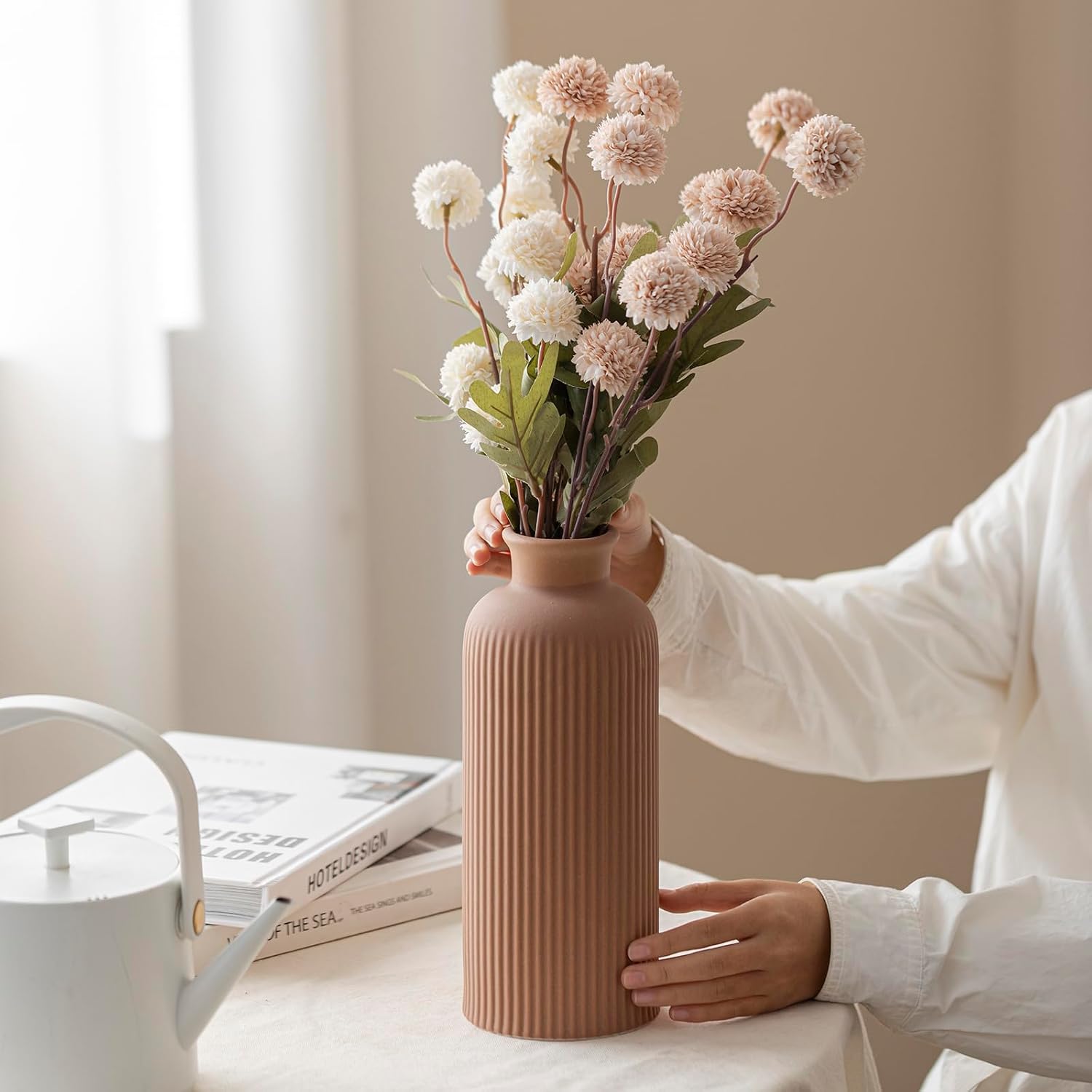 Ribbed Ceramic Vase for Flowers / Coffee / 10 Inch
