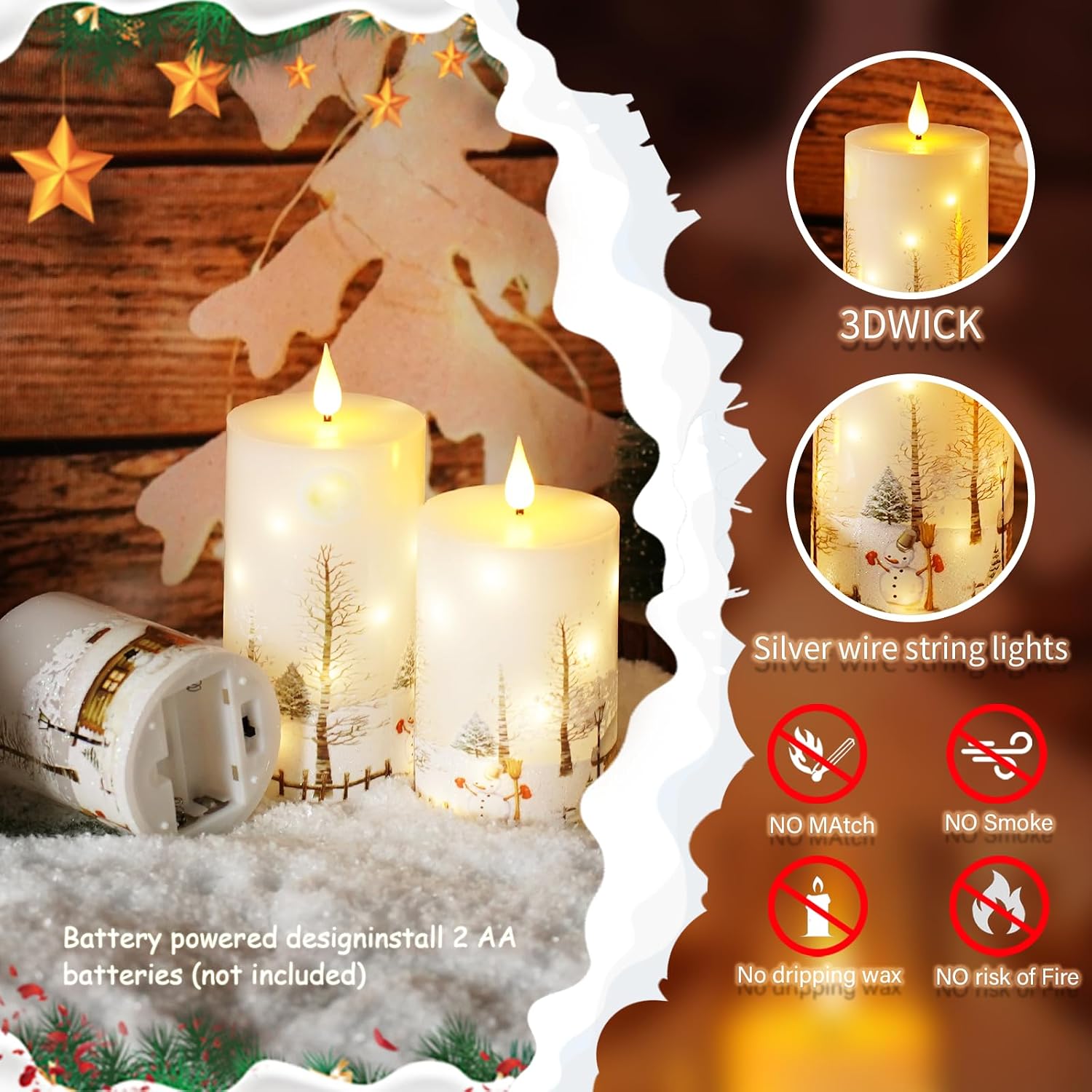 Christmas Flameless Candles with Remote - White LED Candles & String Lights, Battery Operated Set of 3 (D3 x H4/5"/6")